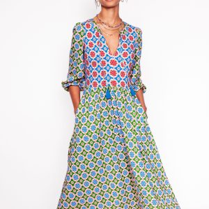Notch Neck Midi Dress-Multi. Bloom Geo