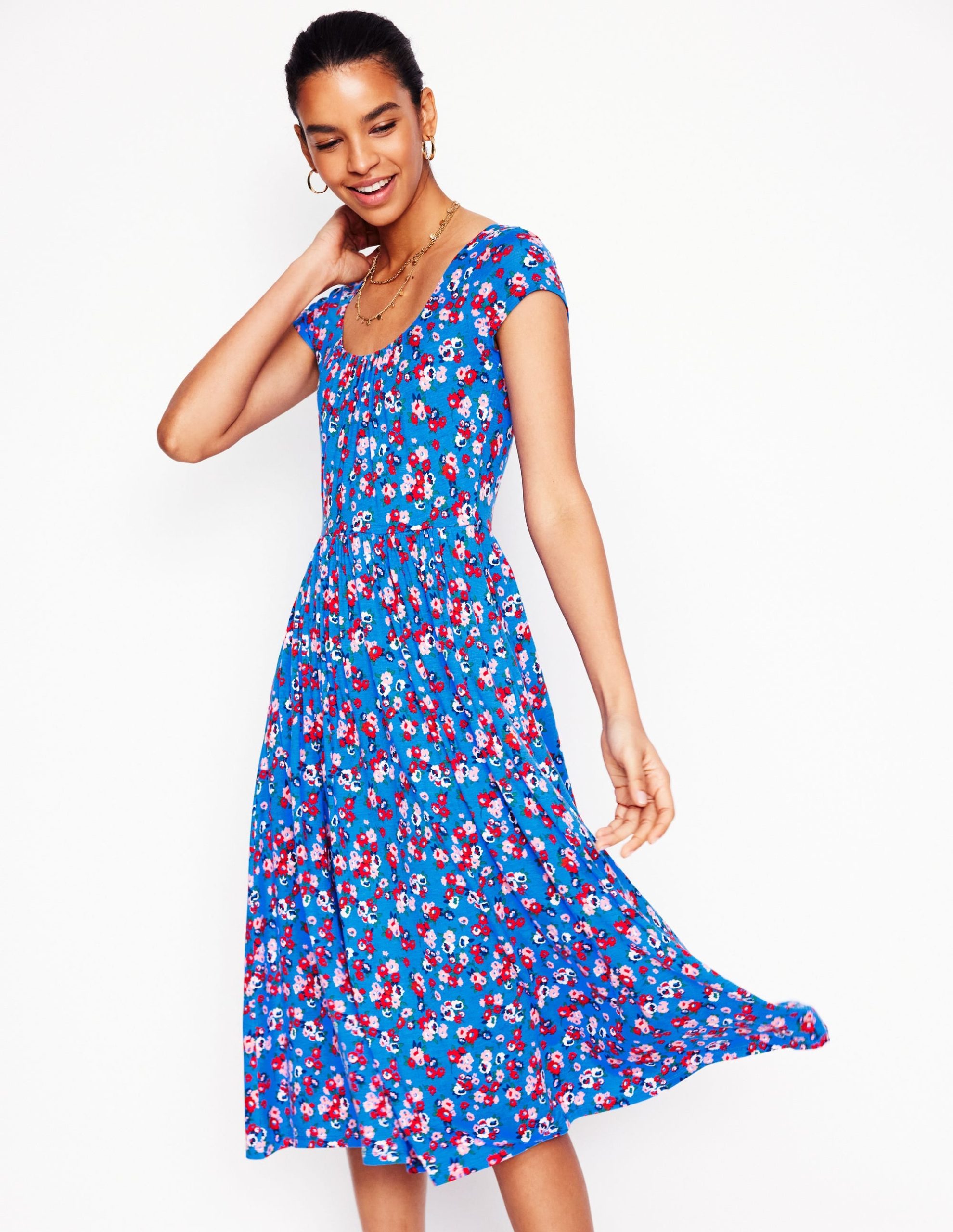 Samantha Scoop Jersey Dress-Cerulean Blue. Painterly Posy
