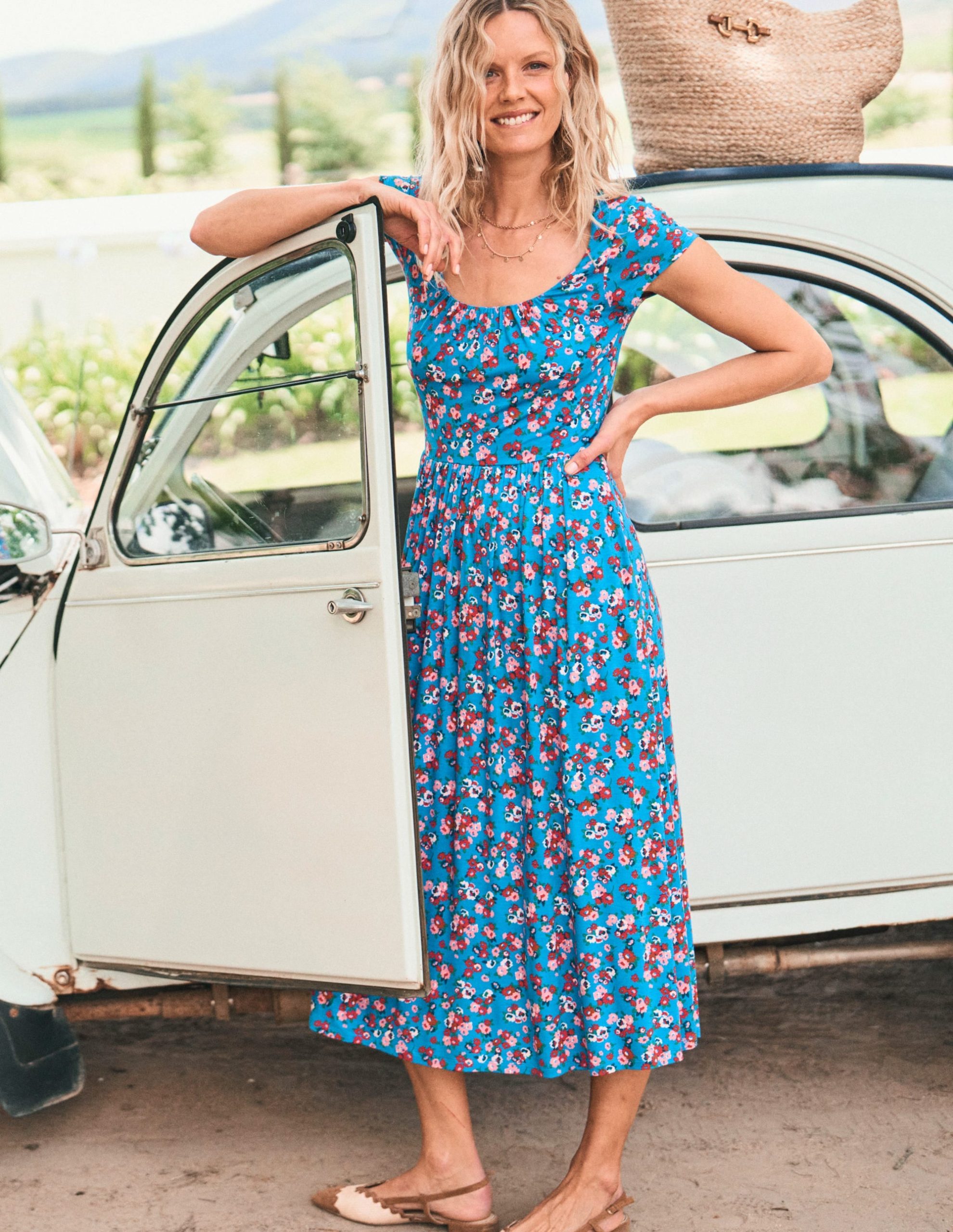 Samantha Scoop Jersey Dress-Cerulean Blue. Painterly Posy - Image 2