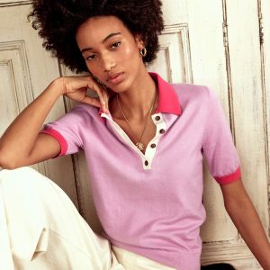 Estelle Henley Knitted T-Shirt-Soft Lavender Pink