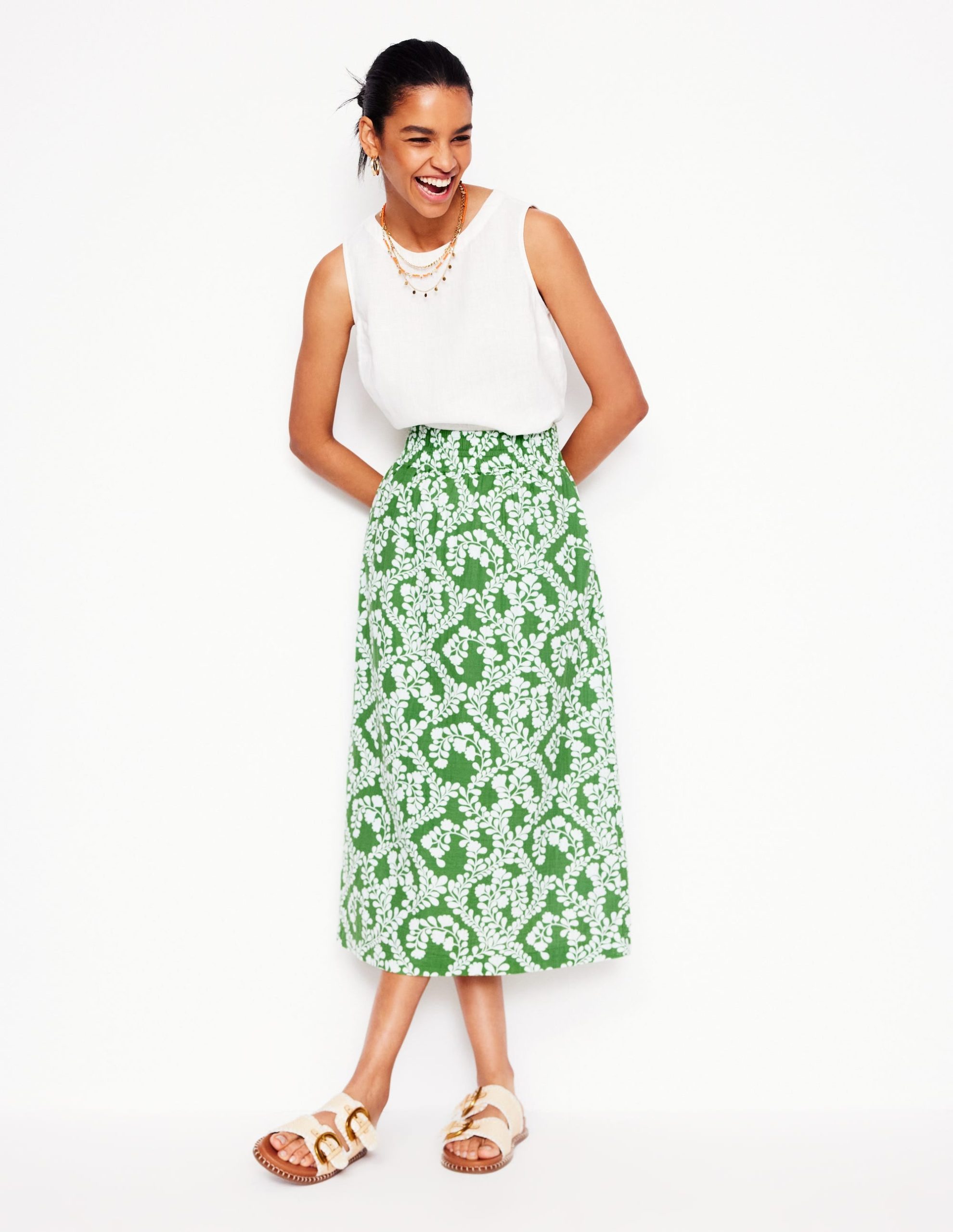 Double Cloth Smocked Skirt-Paradise Green.Vine Silhouette