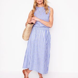 Double Cloth Smocked Skirt-Bright Blue Stripe