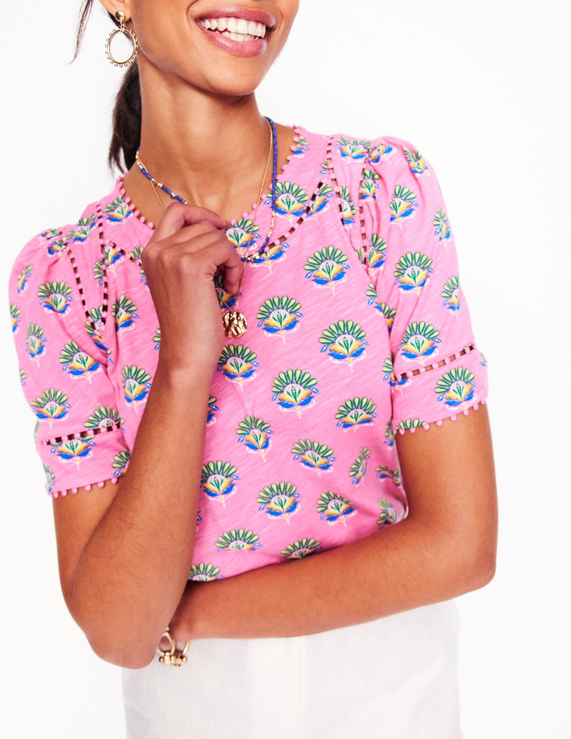 Mila Trim Detail Top-Pink. Ornamental Floral Sprig - Image 3