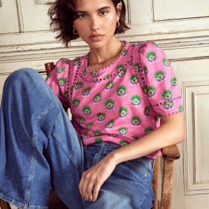 Mila Trim Detail Top-Pink. Ornamental Floral Sprig