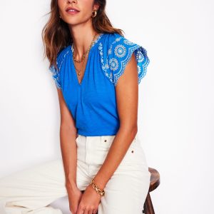 Ila Broderie Sleeve Notch Top-Kingfisher Blue