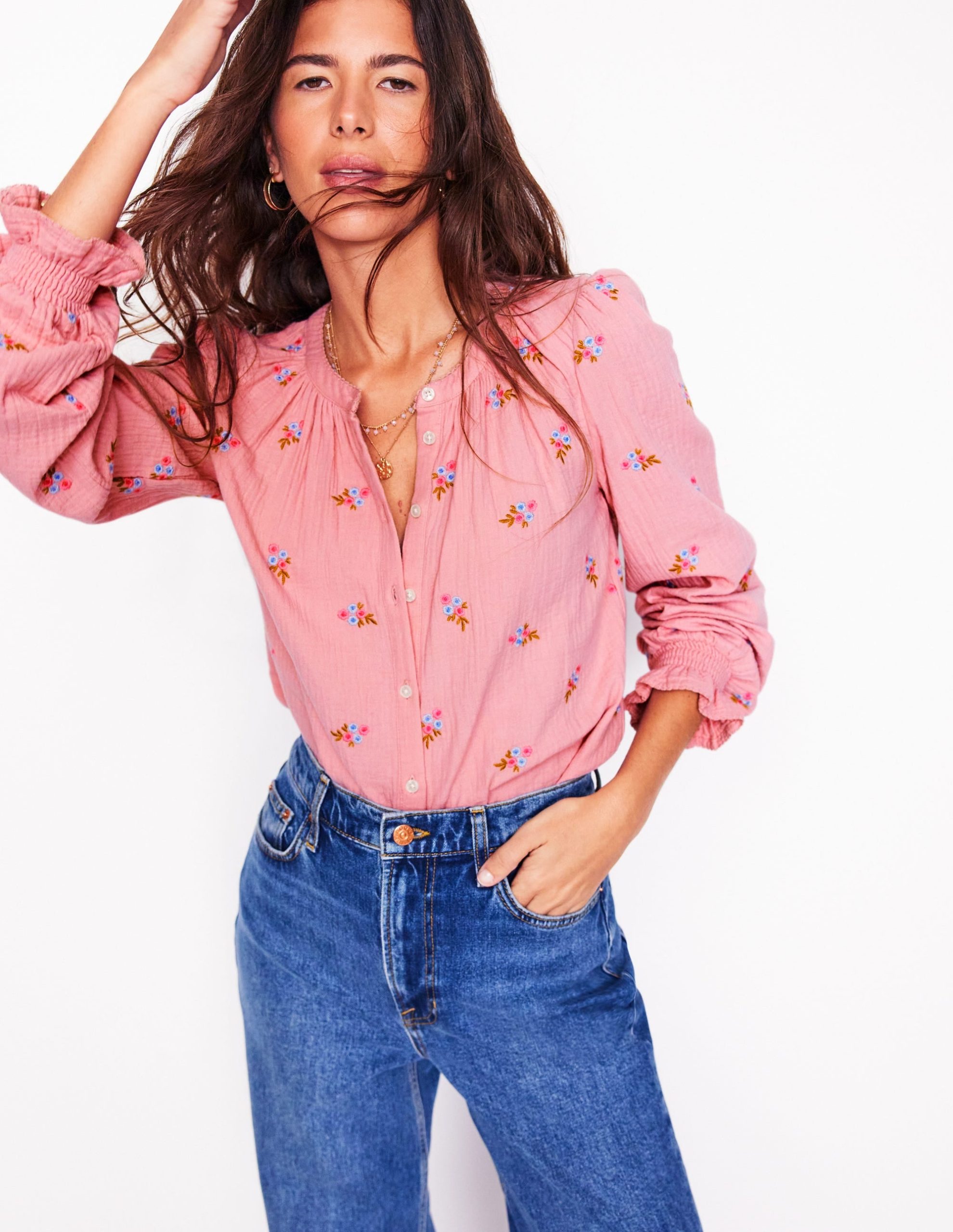 Evie Double Cloth Top-Almond Pink. Floral Embroidery - Image 2