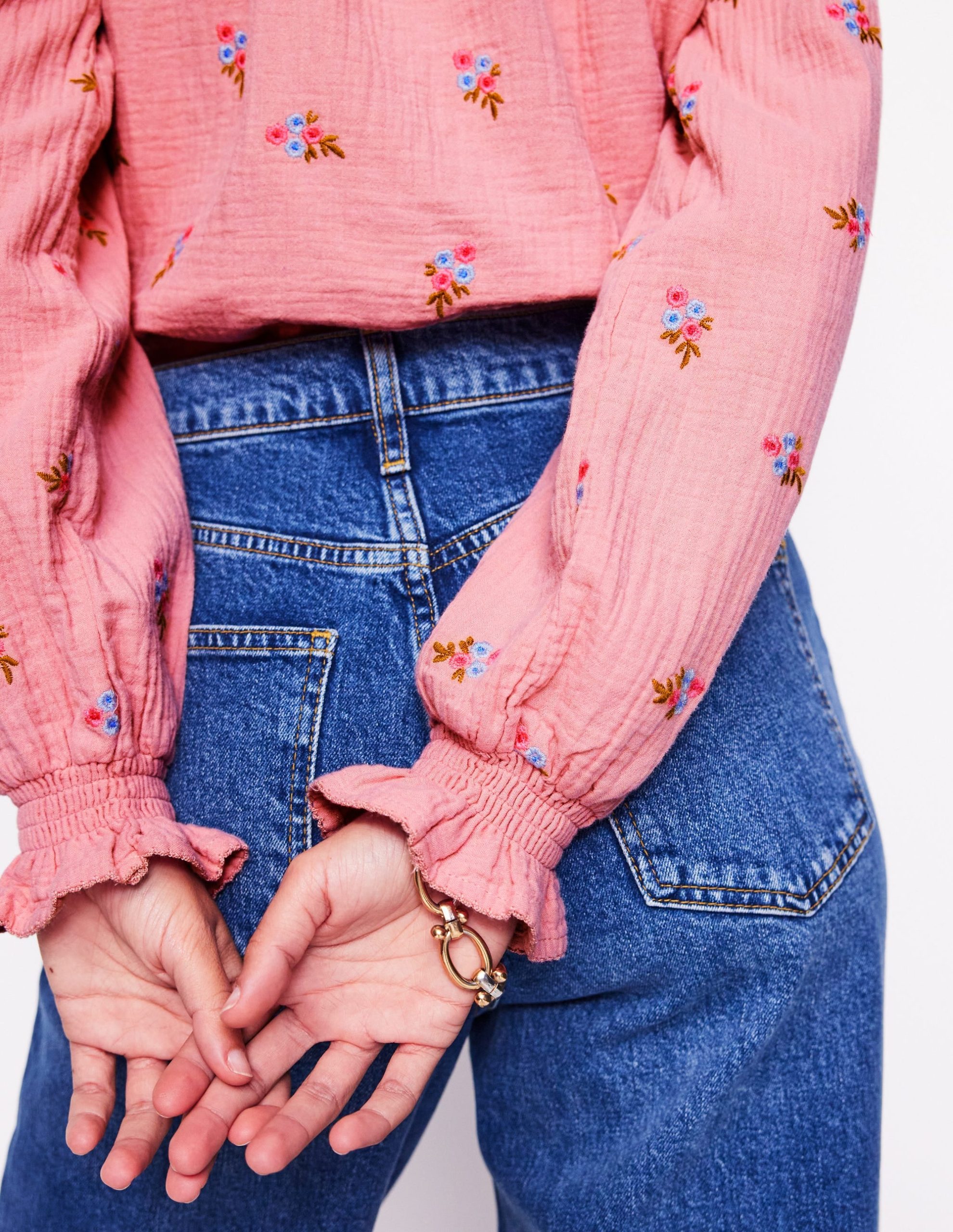 Evie Double Cloth Top-Almond Pink. Floral Embroidery - Image 4