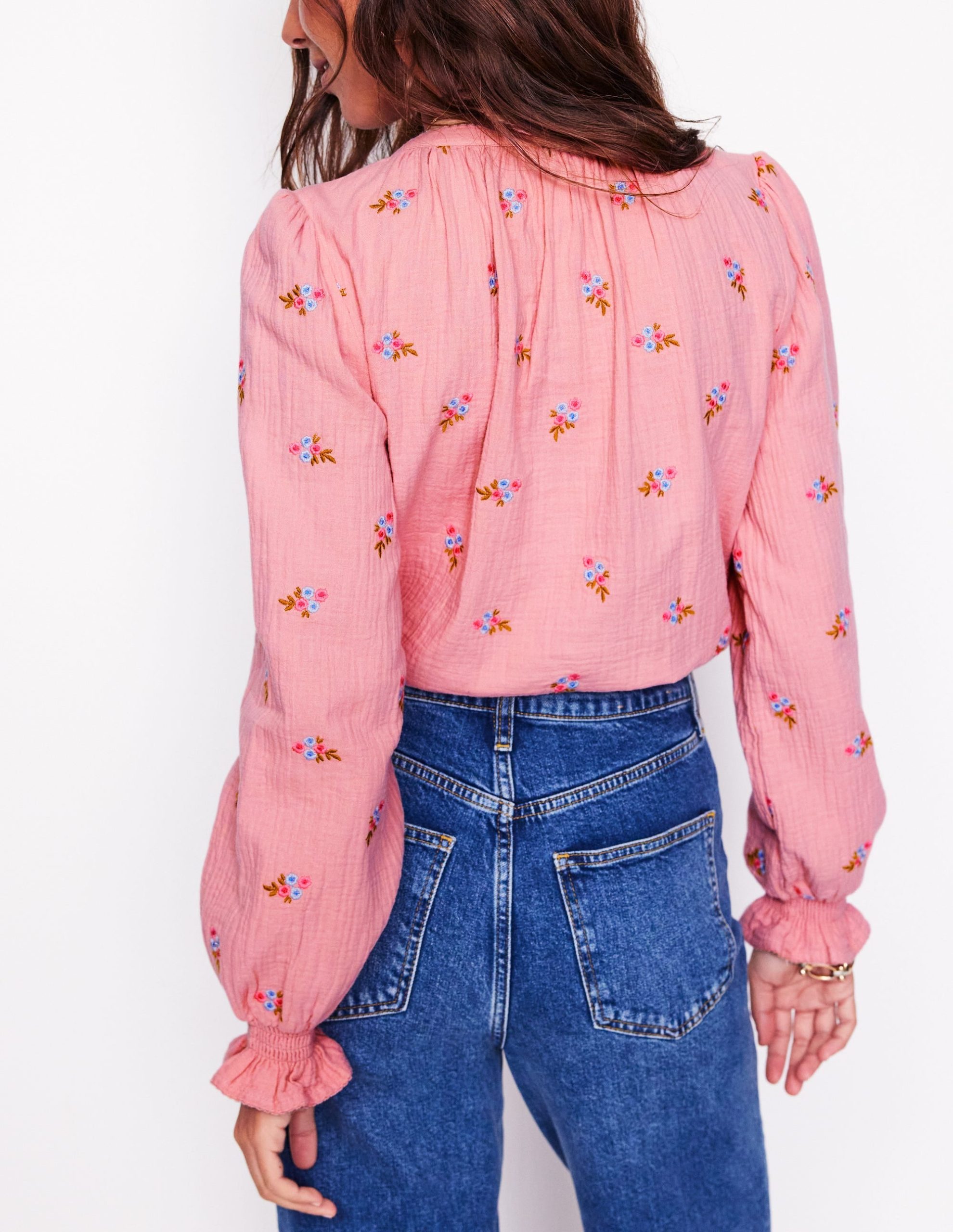 Evie Double Cloth Top-Almond Pink. Floral Embroidery - Image 5