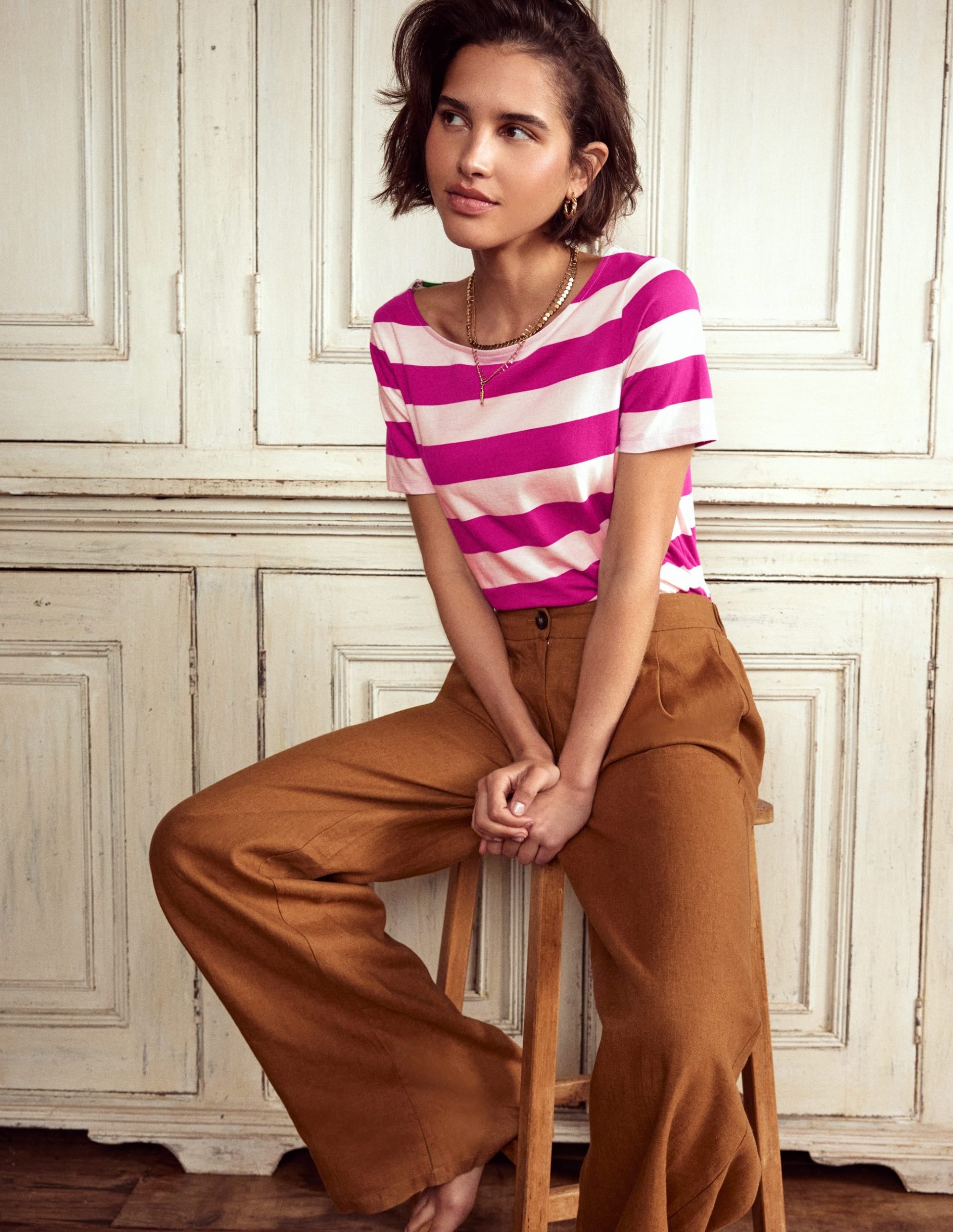 Ella Short Sleeve Breton-Ivory. Festival Fuchsia
