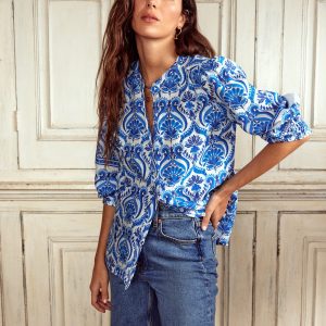Alicia Linen Top-Blue. Ornamental Floral