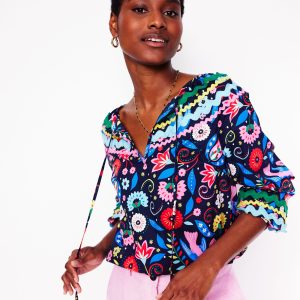 Smocked Cotton Blouse-French Navy. Decorative Garden