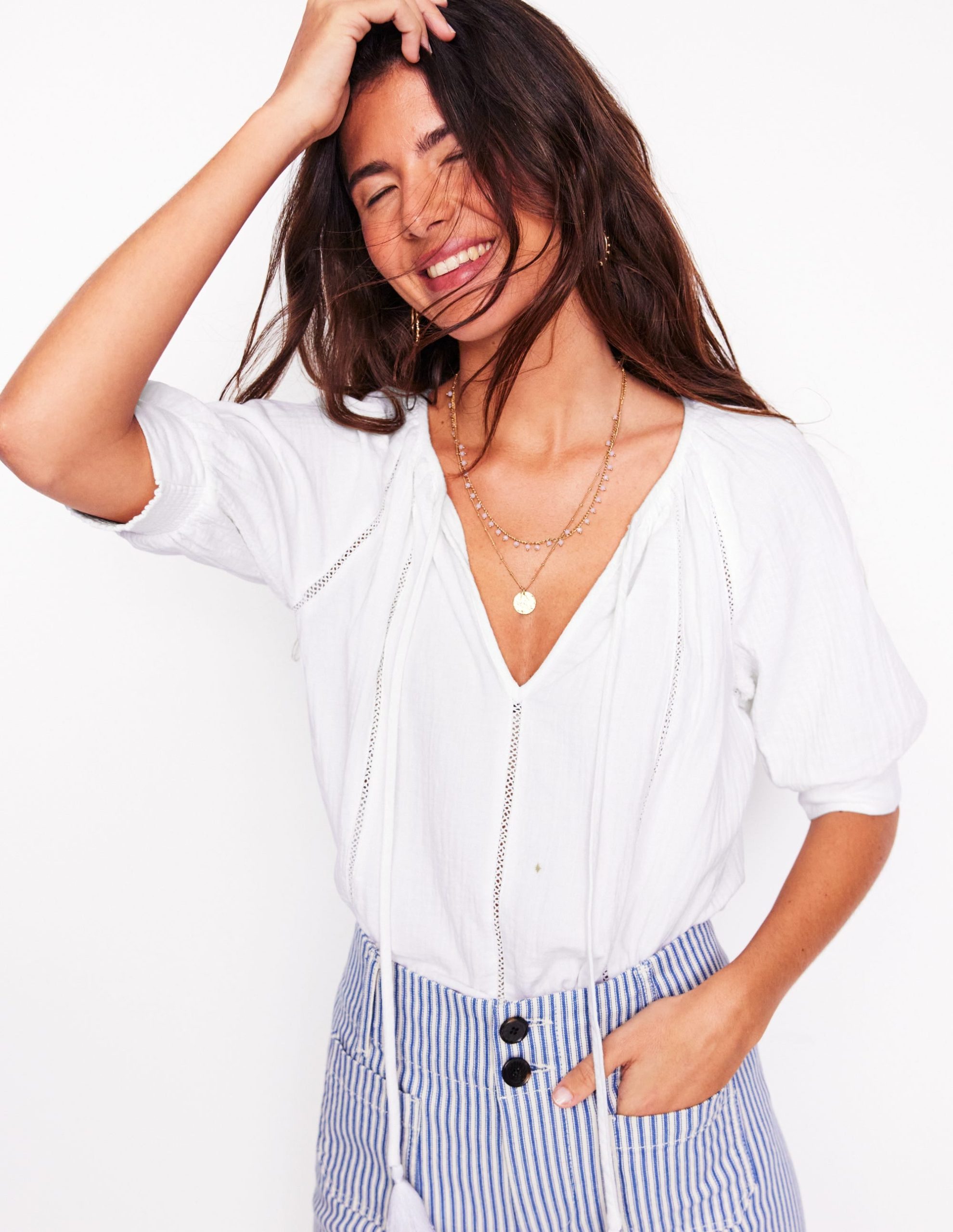 Trim Insert Double Cloth Top-White