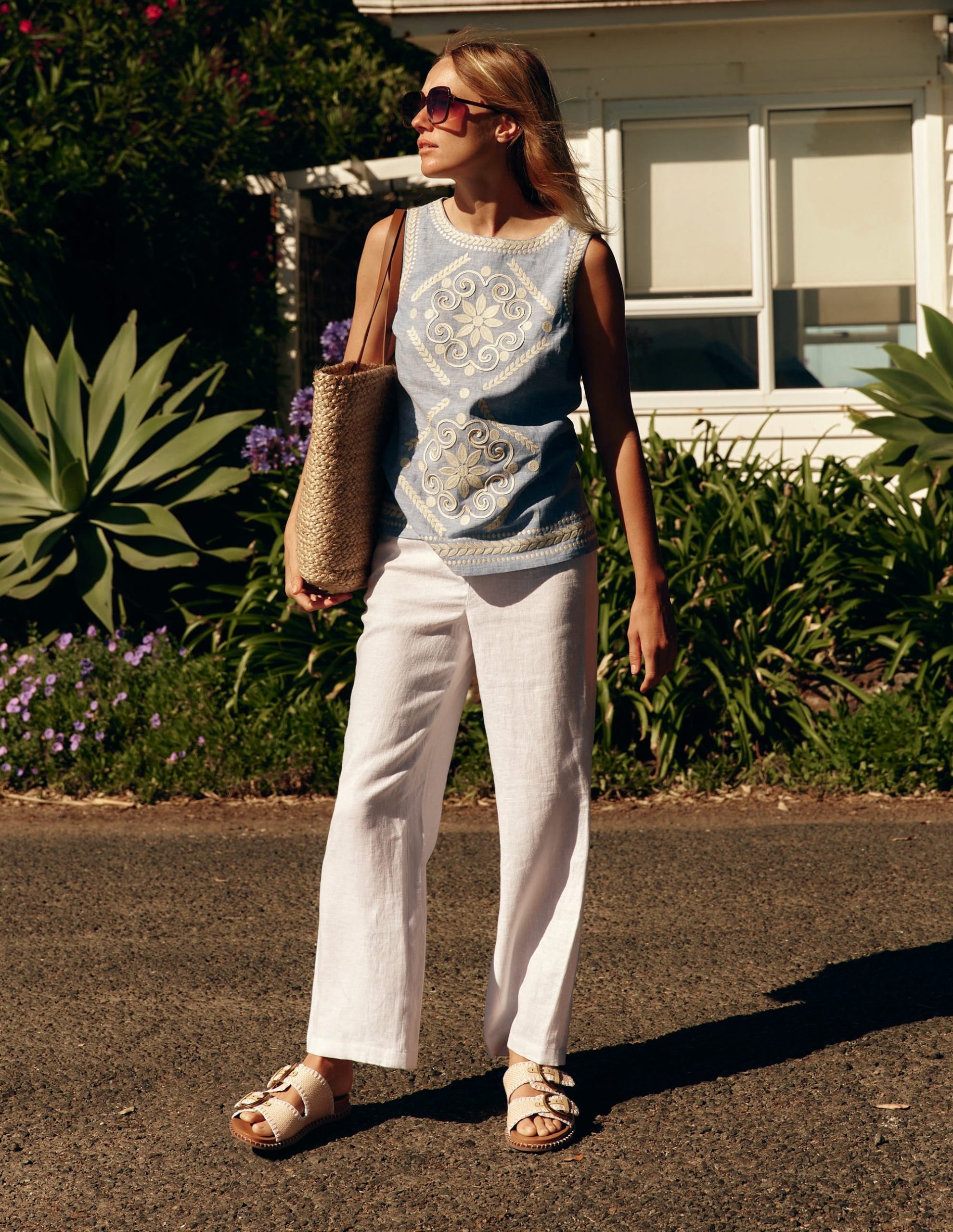 Embroidered Linen Blend Top-Chambray - Image 4