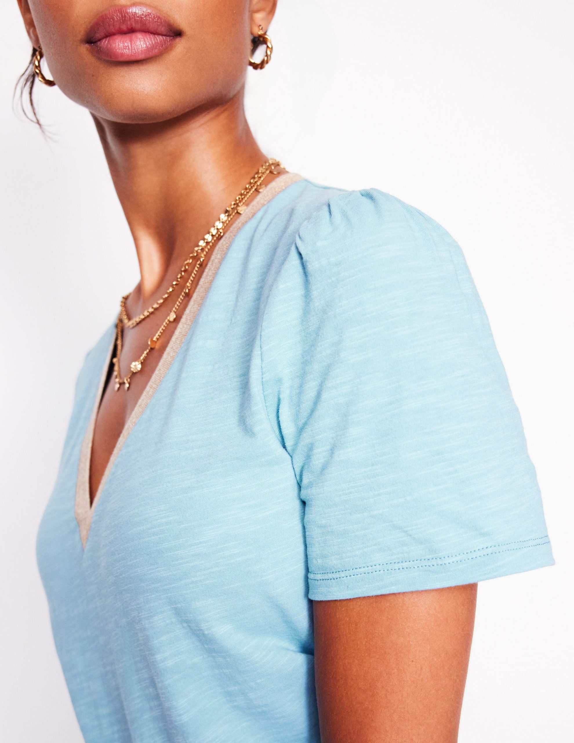 Metallic Trim V Neck T-shirt-Soft Blue - Image 4