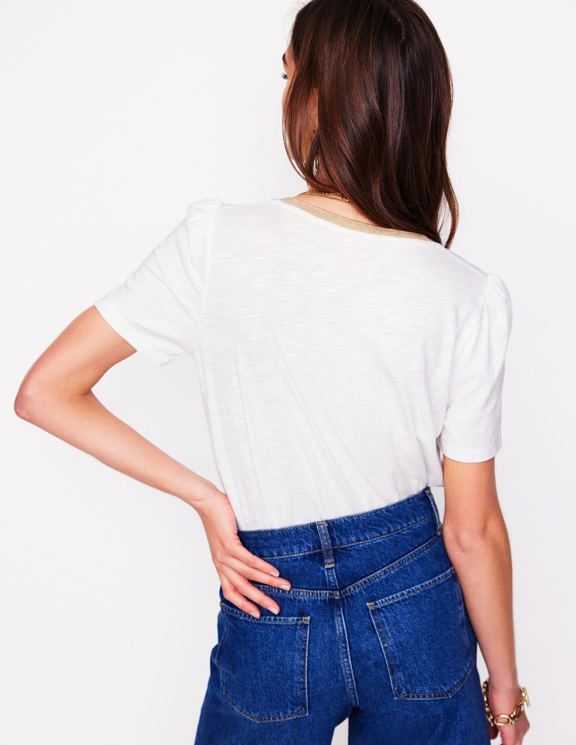 Metallic Trim V Neck T-shirt-White - Image 3