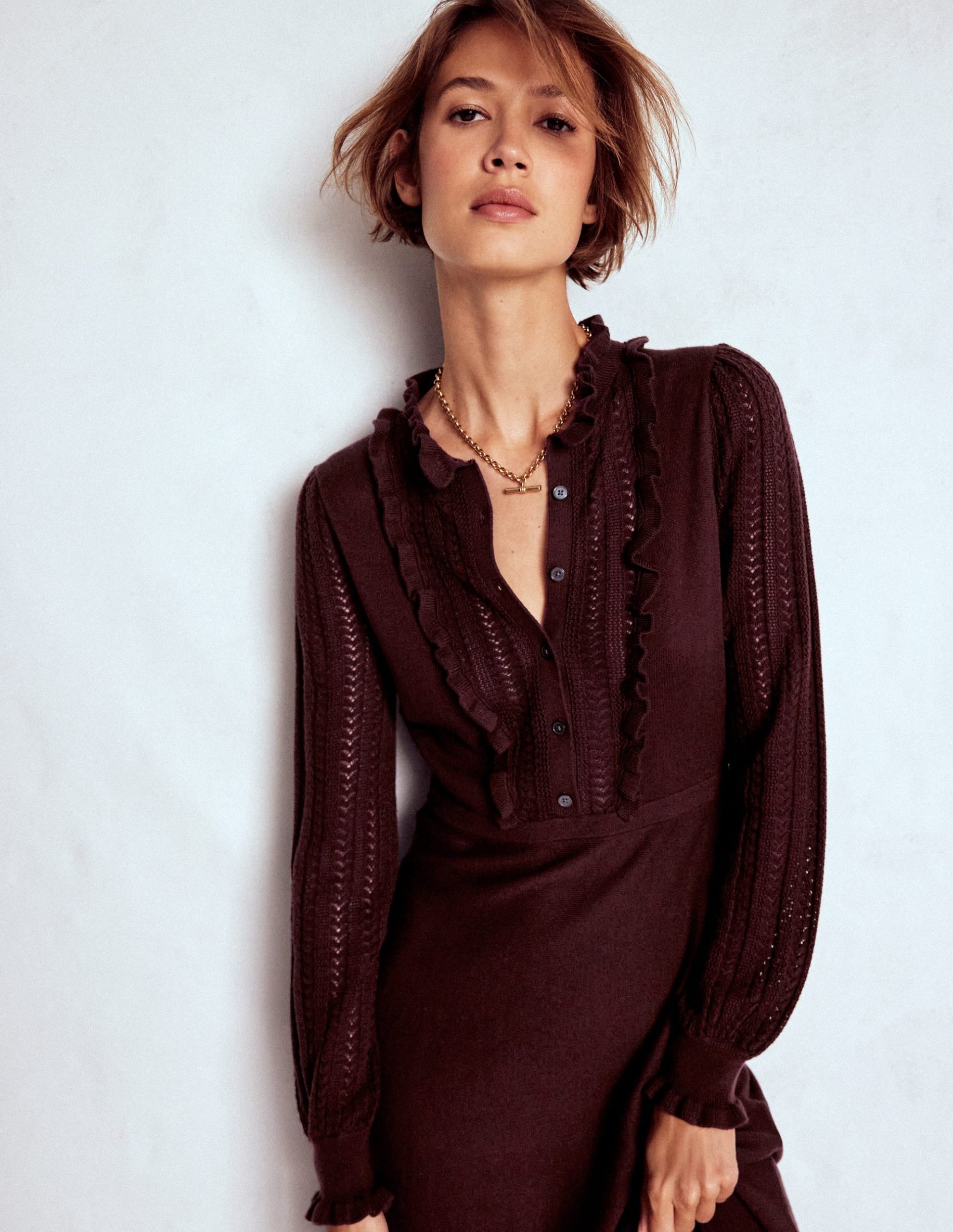 Winifred Frilled Knitted Dress-Coffee Bean - Image 2