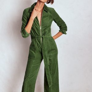 Zip Up Cord LS Jumpsuit-Fern