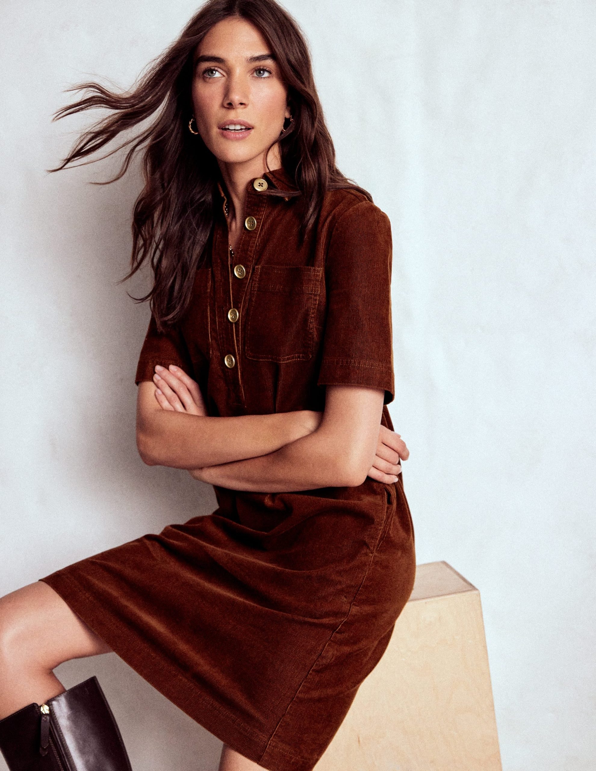 Zia Cord Pocket Shirt Dress-Copper Brown