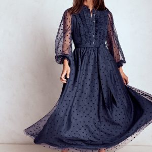 Tulle Ruffle Maxi Dress-Navy