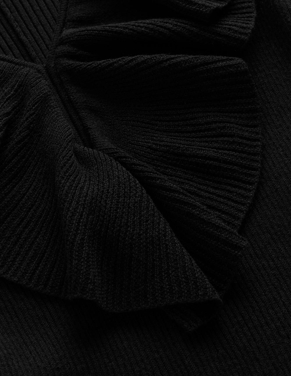 Ruffled Ribbed Dress-Black - Image 6