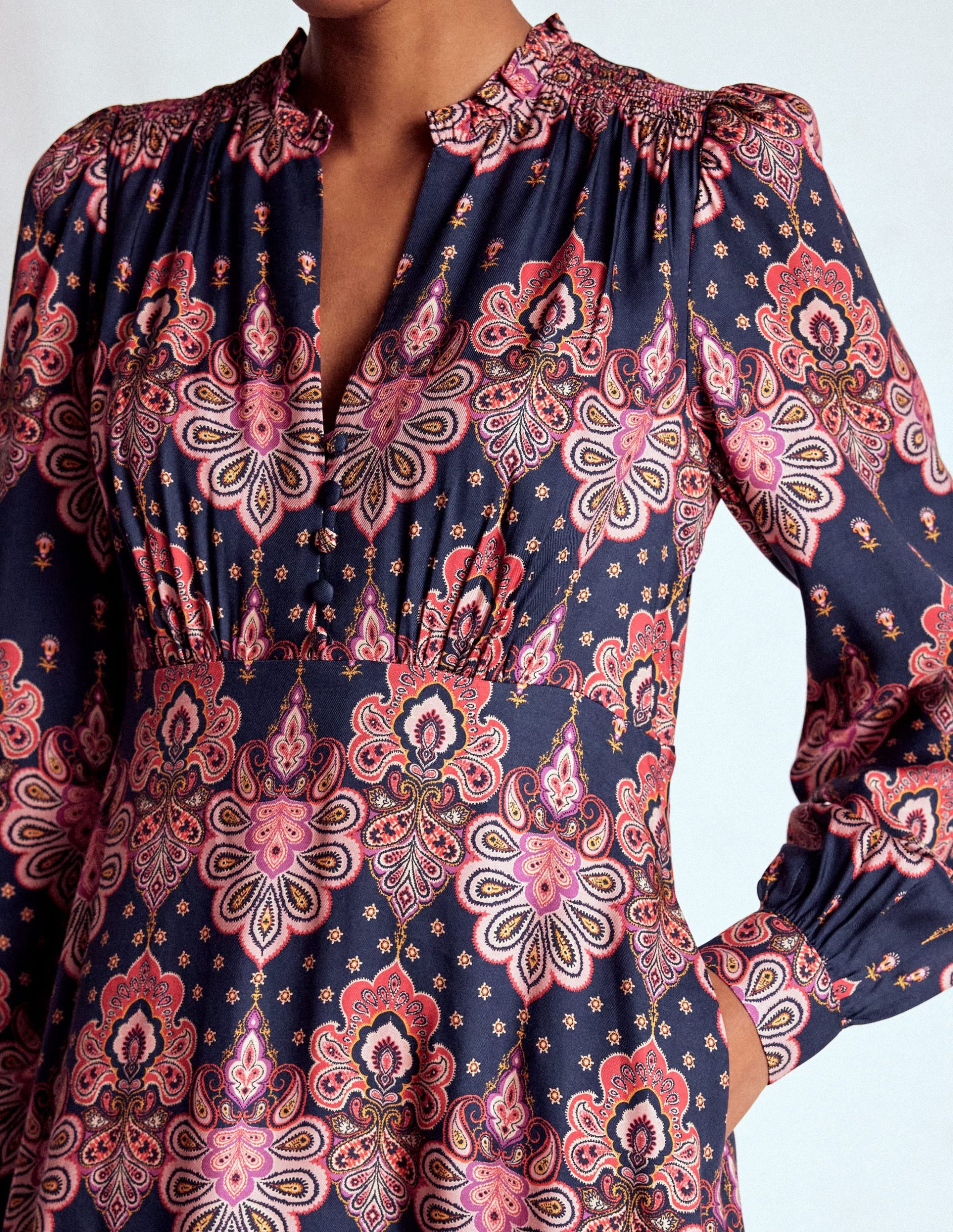 Cassie Smocked Tea Dress-Navy. Embellished Paisley - Image 2