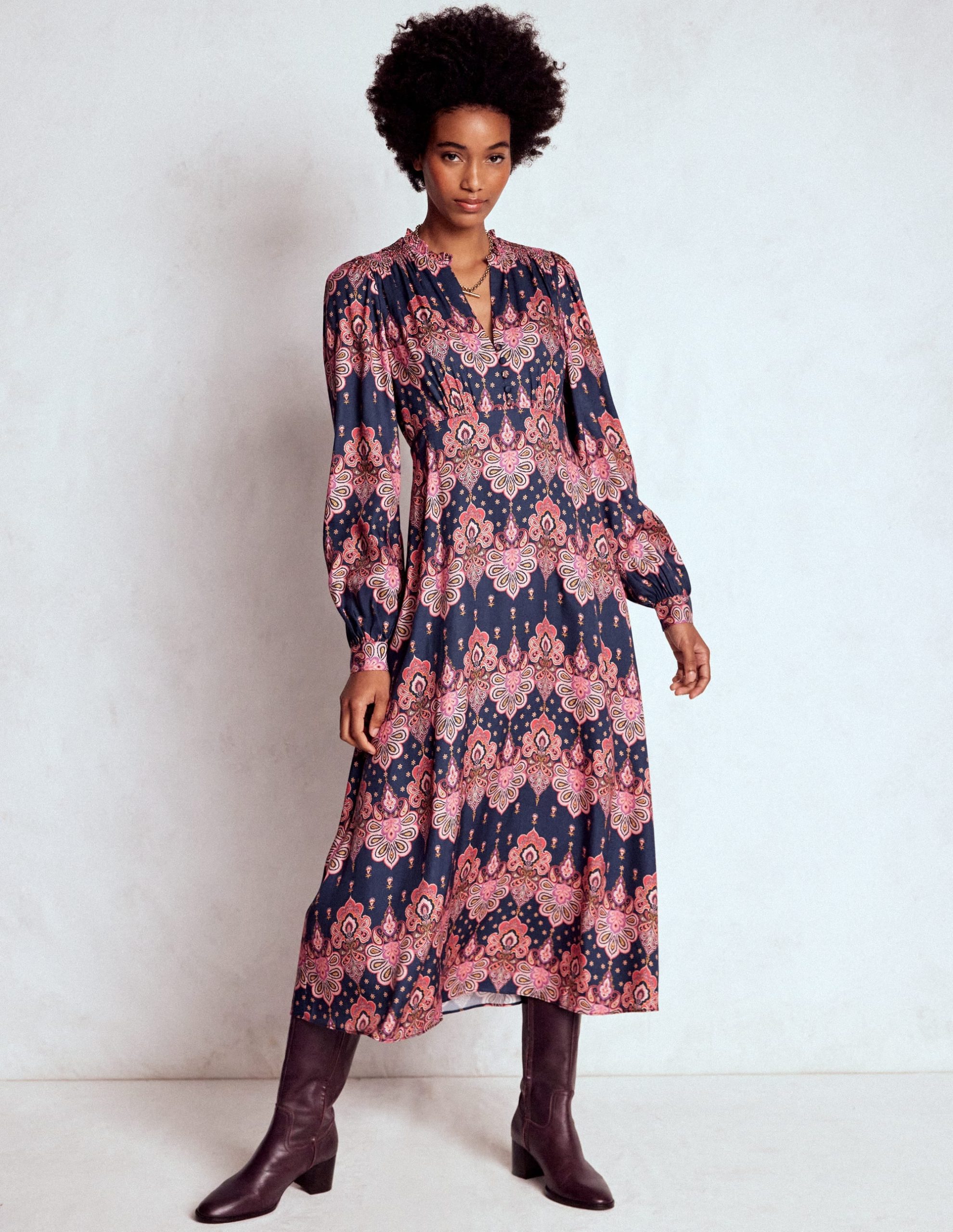 Cassie Smocked Tea Dress-Navy. Embellished Paisley - Image 4