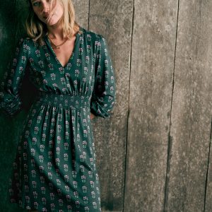 Sarah Short Jersey Dress-Winter Moss. Woodblock Floral