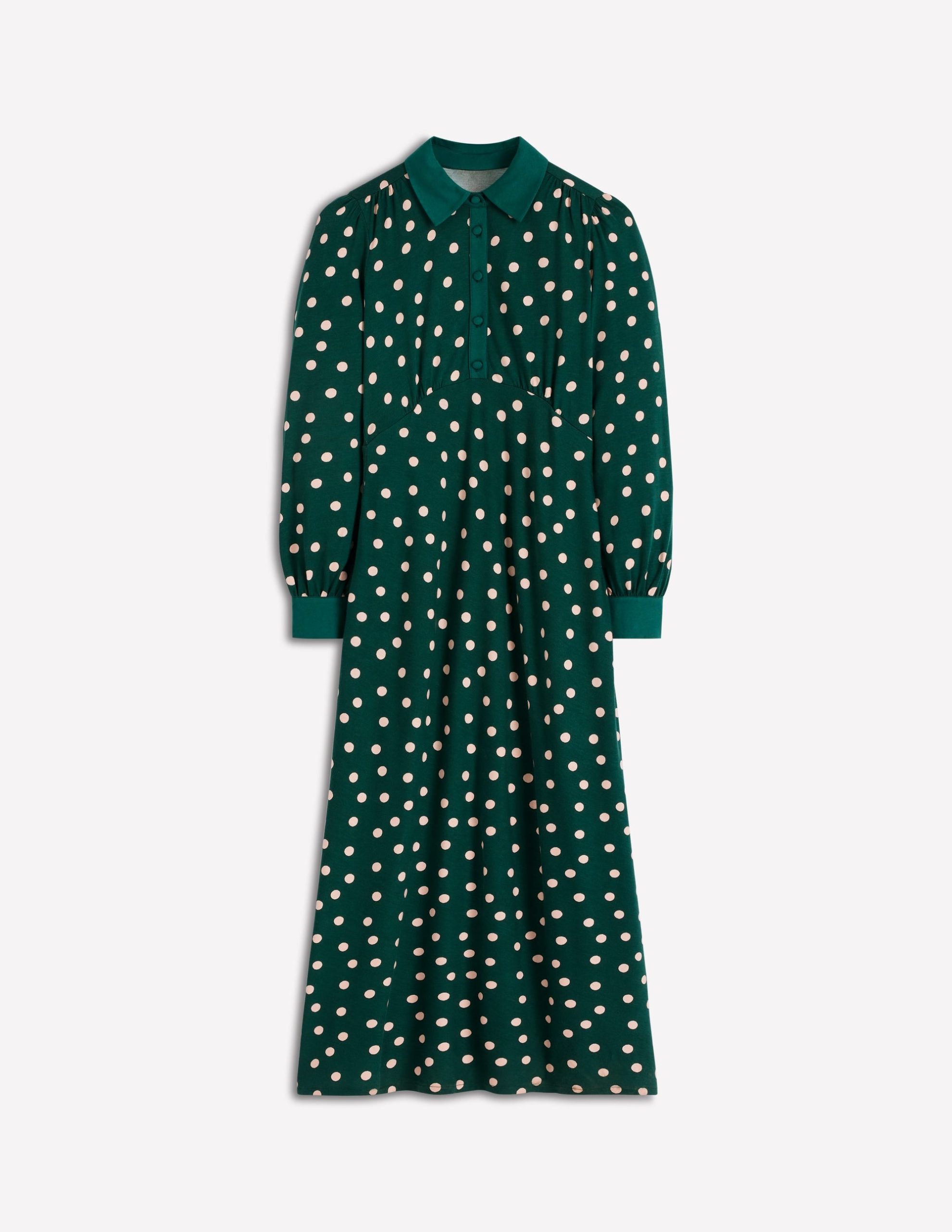 Empire Waistline Shirt Dress-Emerald Night. Painted Dot - Image 7