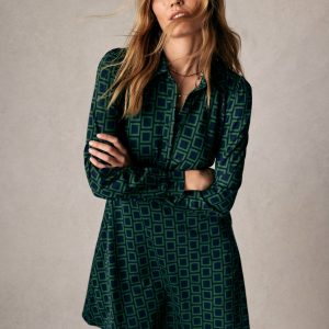 Orla Short Jersey Shirt Dress-Dark Green. Square Geometric