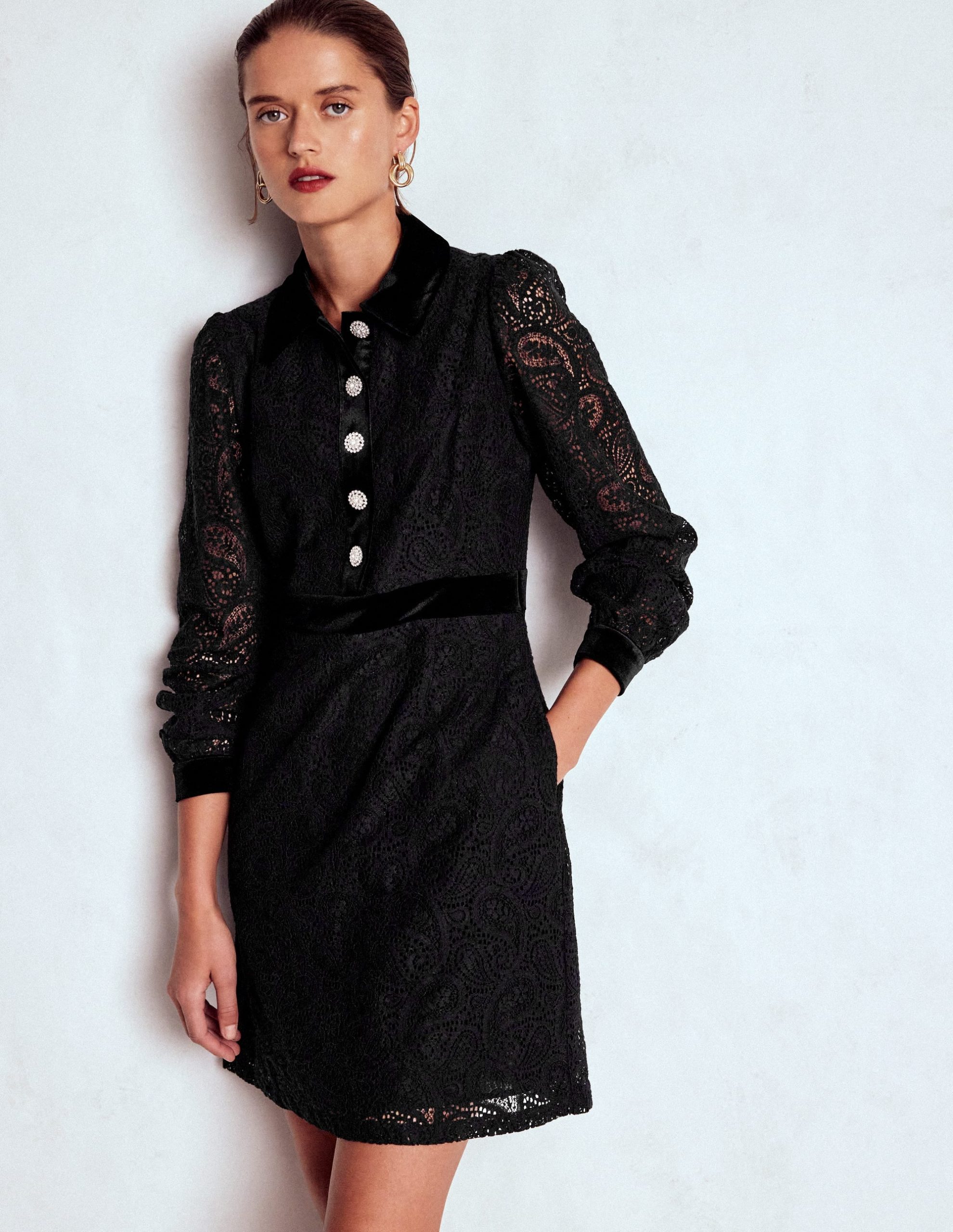 Collar Button Lace Dress-Black - Image 2