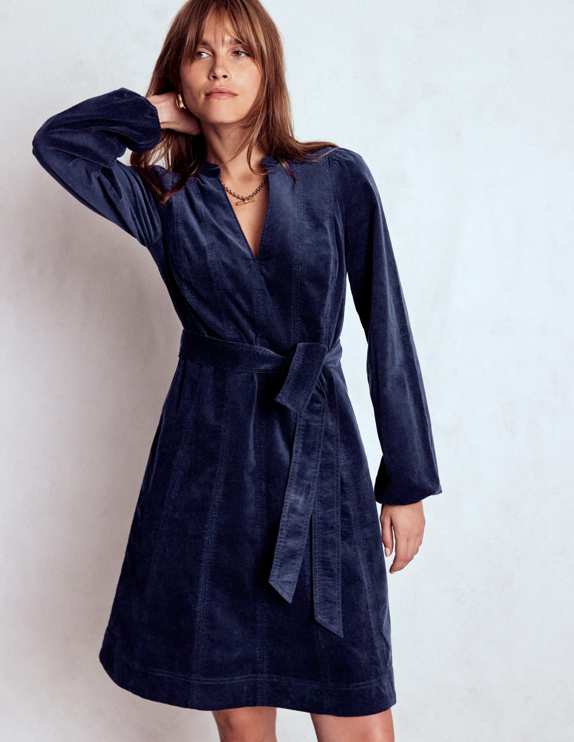 Ros Panelled Cord Short Dress-Navy