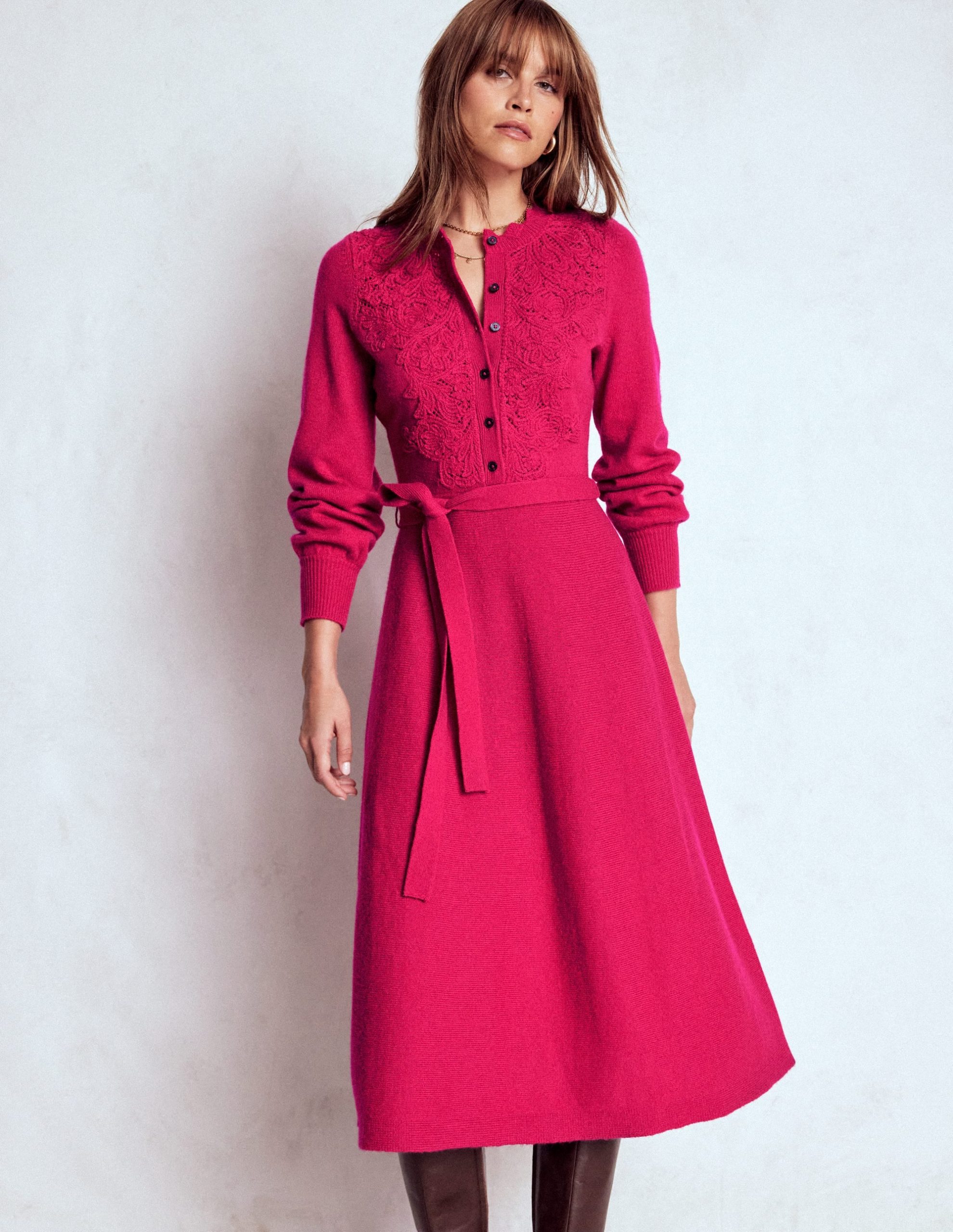 Lace Insert Knitted Midi Dress-Vibrant Pink - Image 5