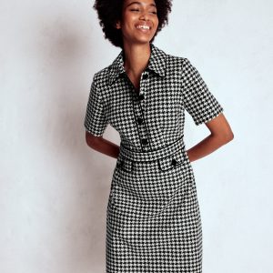 Eda Wool Shift Dress-Black Dogstooth