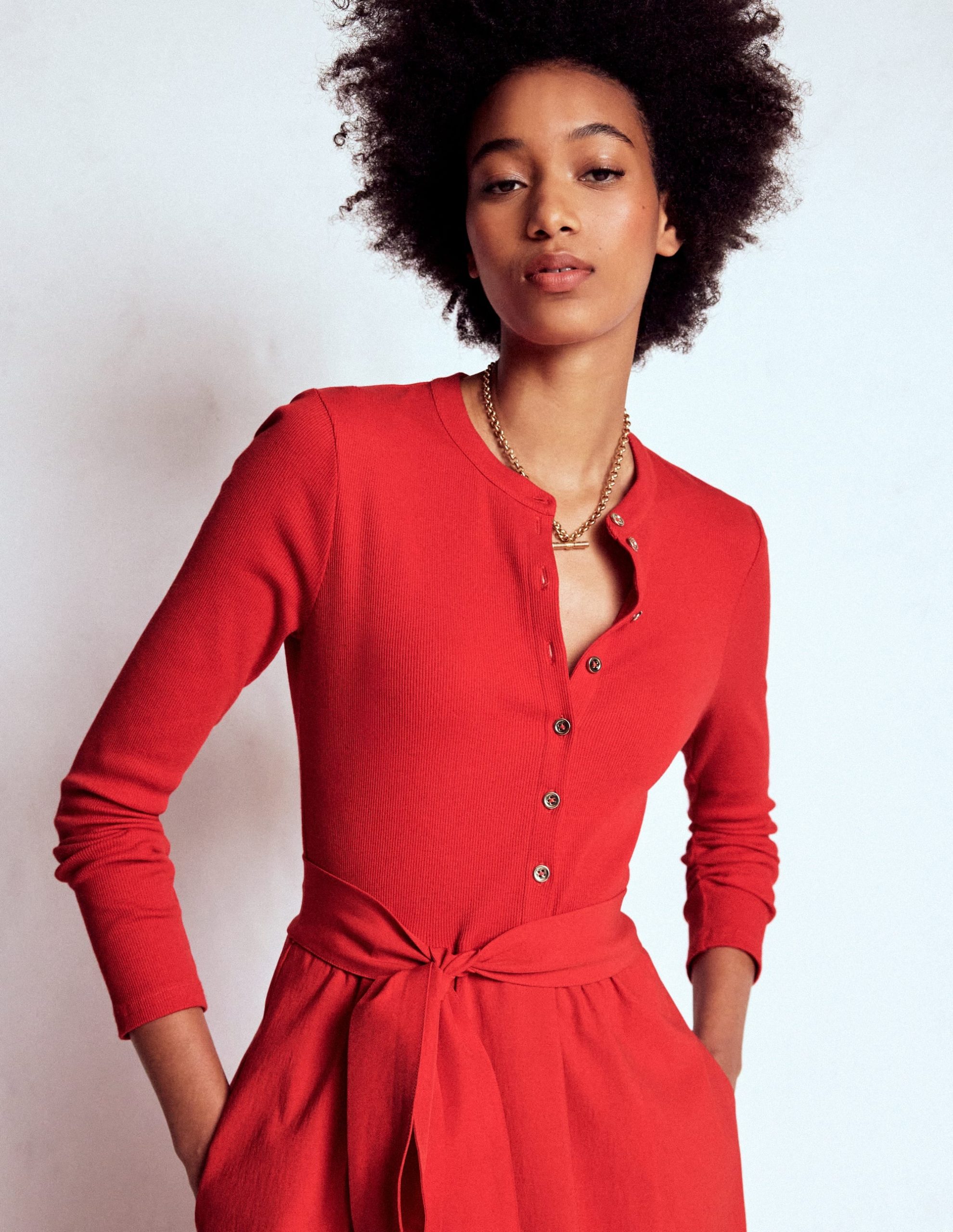 Button Detail Mix Dress-Crimson Red - Image 2