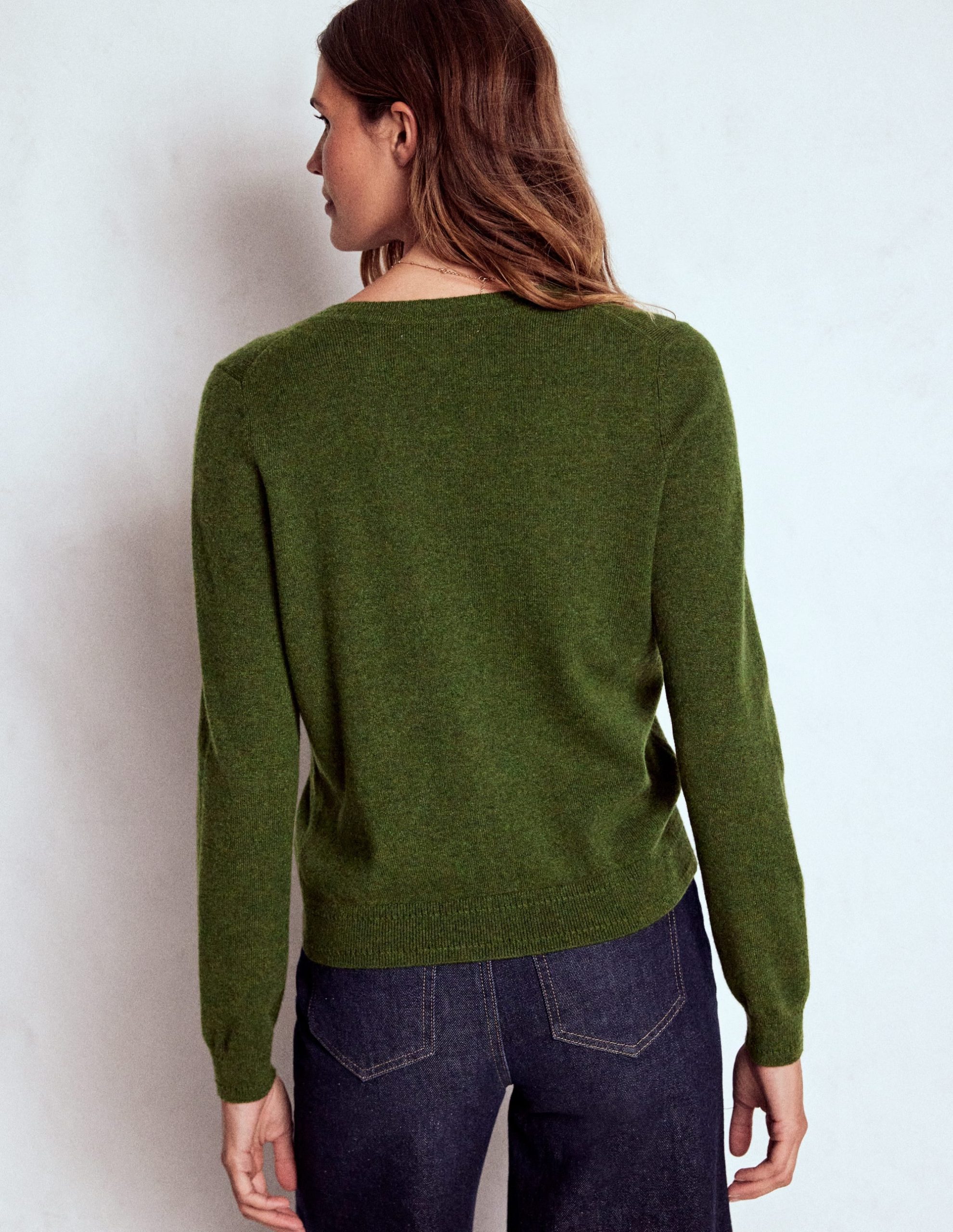 Eva Cashmere Crew Cardigan-Leaf Green Melange - Image 3