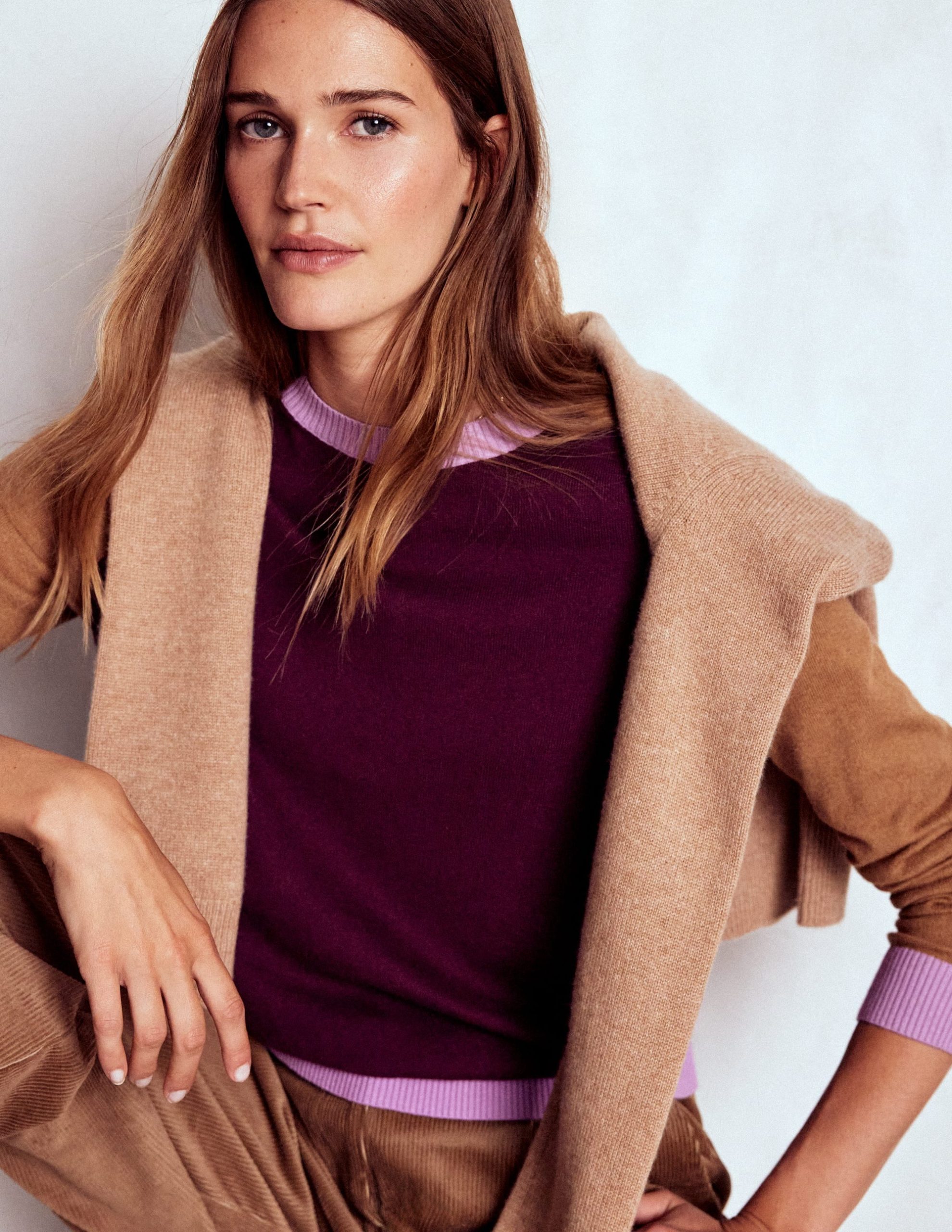 Meg Saddle Sleeve Sweater-Plum Jam. Colour Block