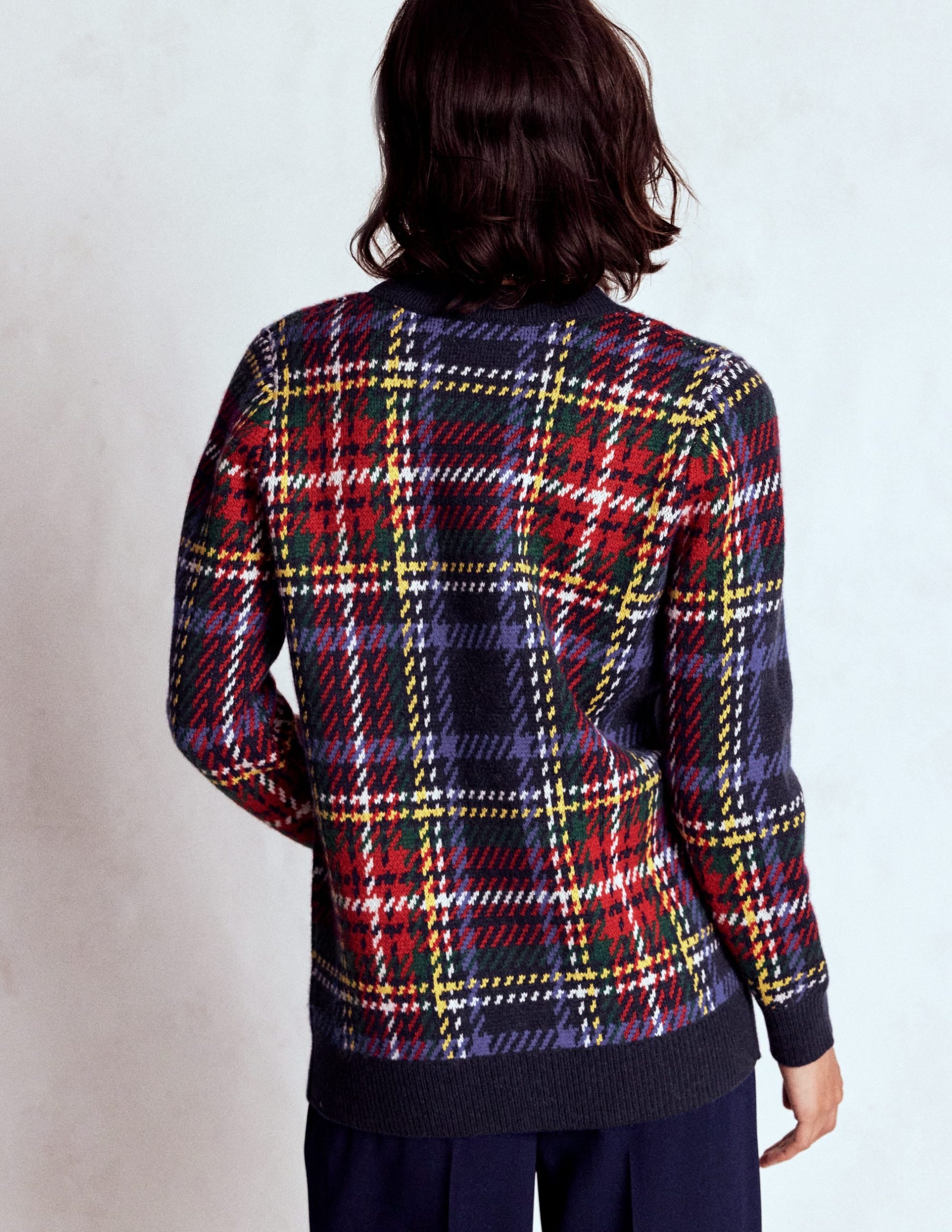 Quinn Boyfriend Cardigan-Navy. Green and Red Check - Image 4