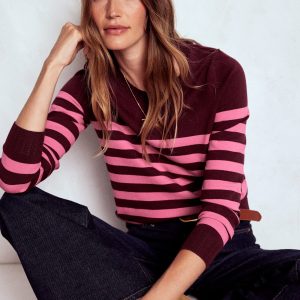 Emilia Cotton Crew Sweater-Chestnut/Pink Stripe