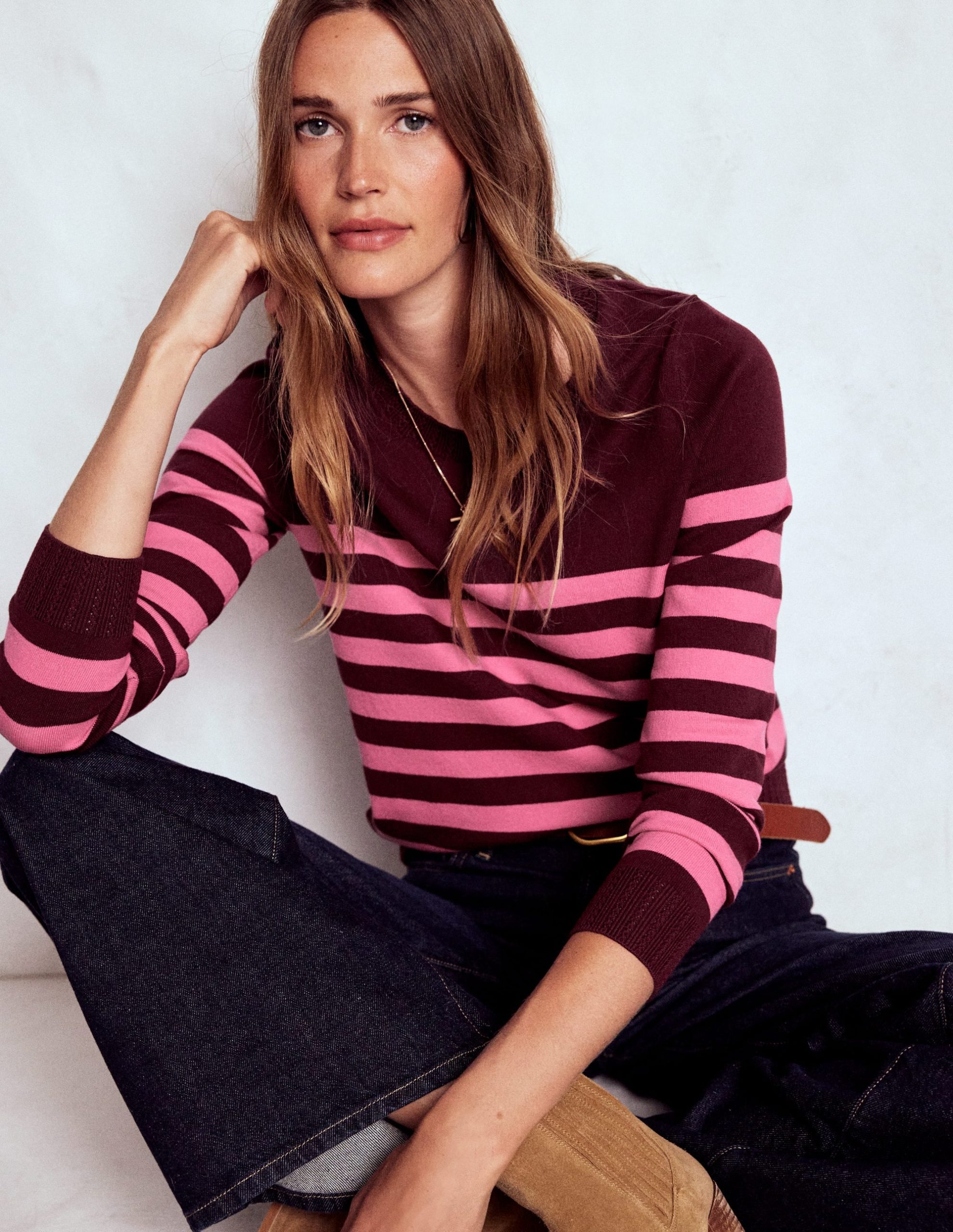 Emilia Cotton Crew Sweater-Chestnut/Pink Stripe