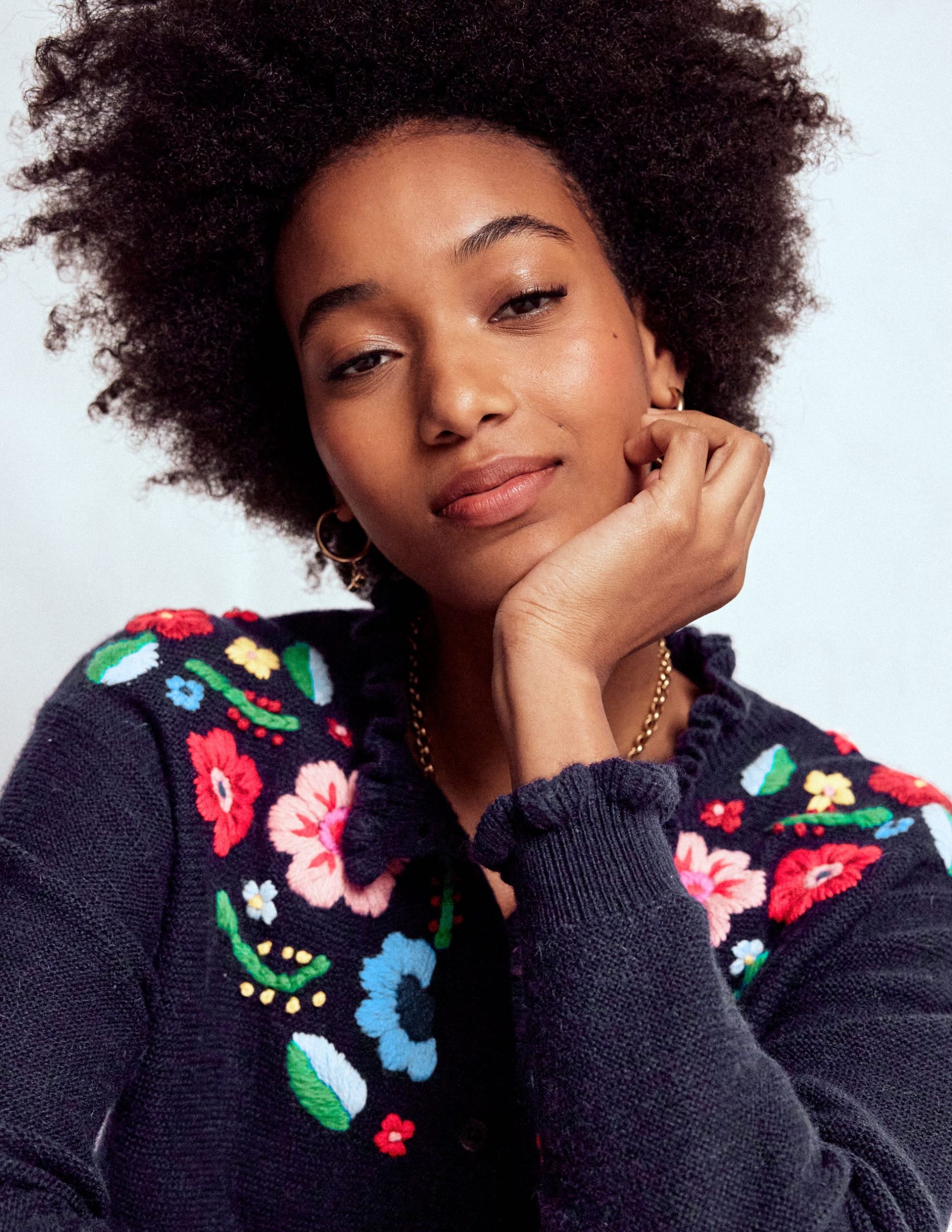 Embroidered Frill Cardigan-Navy - Image 2