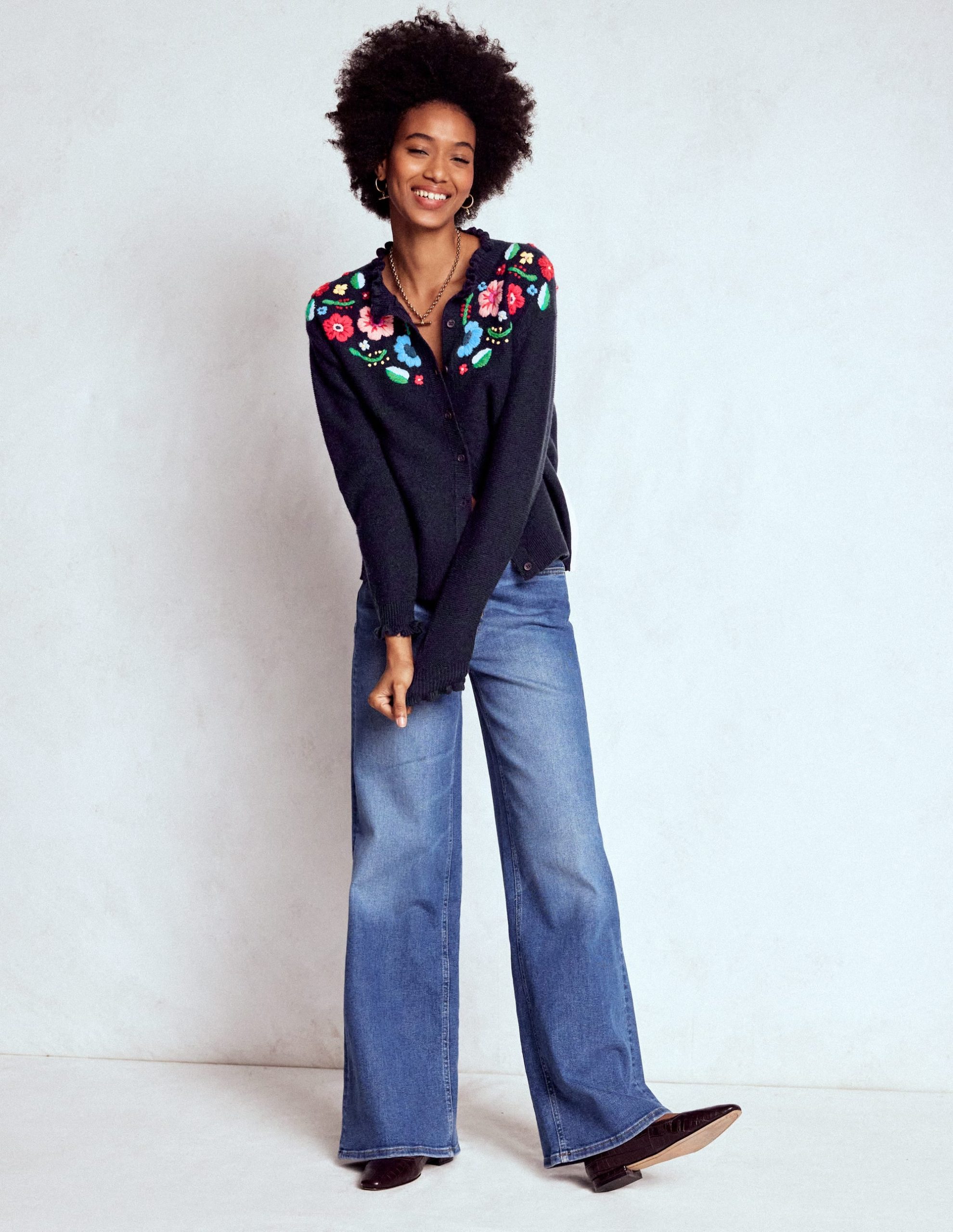 Embroidered Frill Cardigan-Navy - Image 4