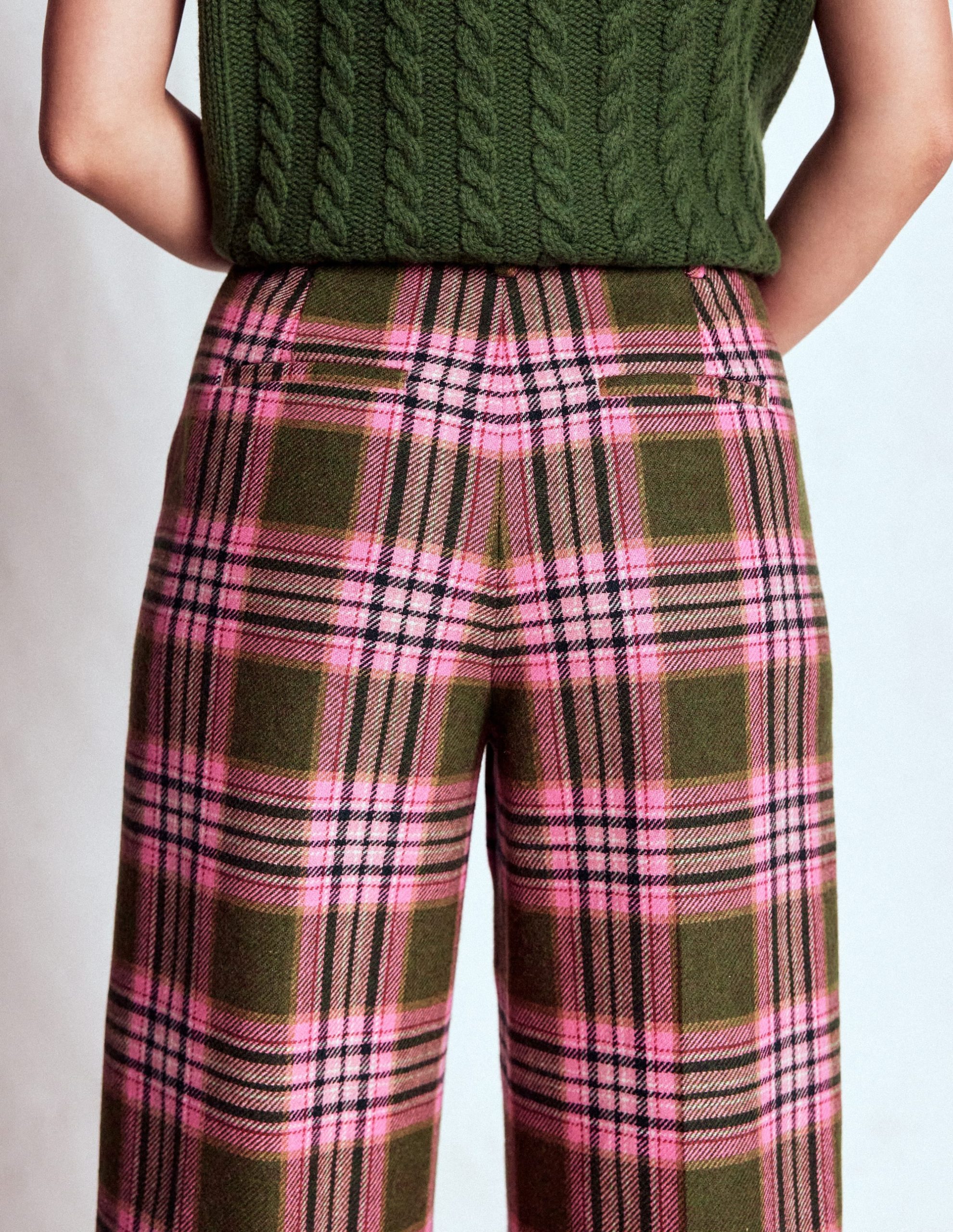 Belgravia Wool Pants-Olive. Green and Pink Check - Image 2