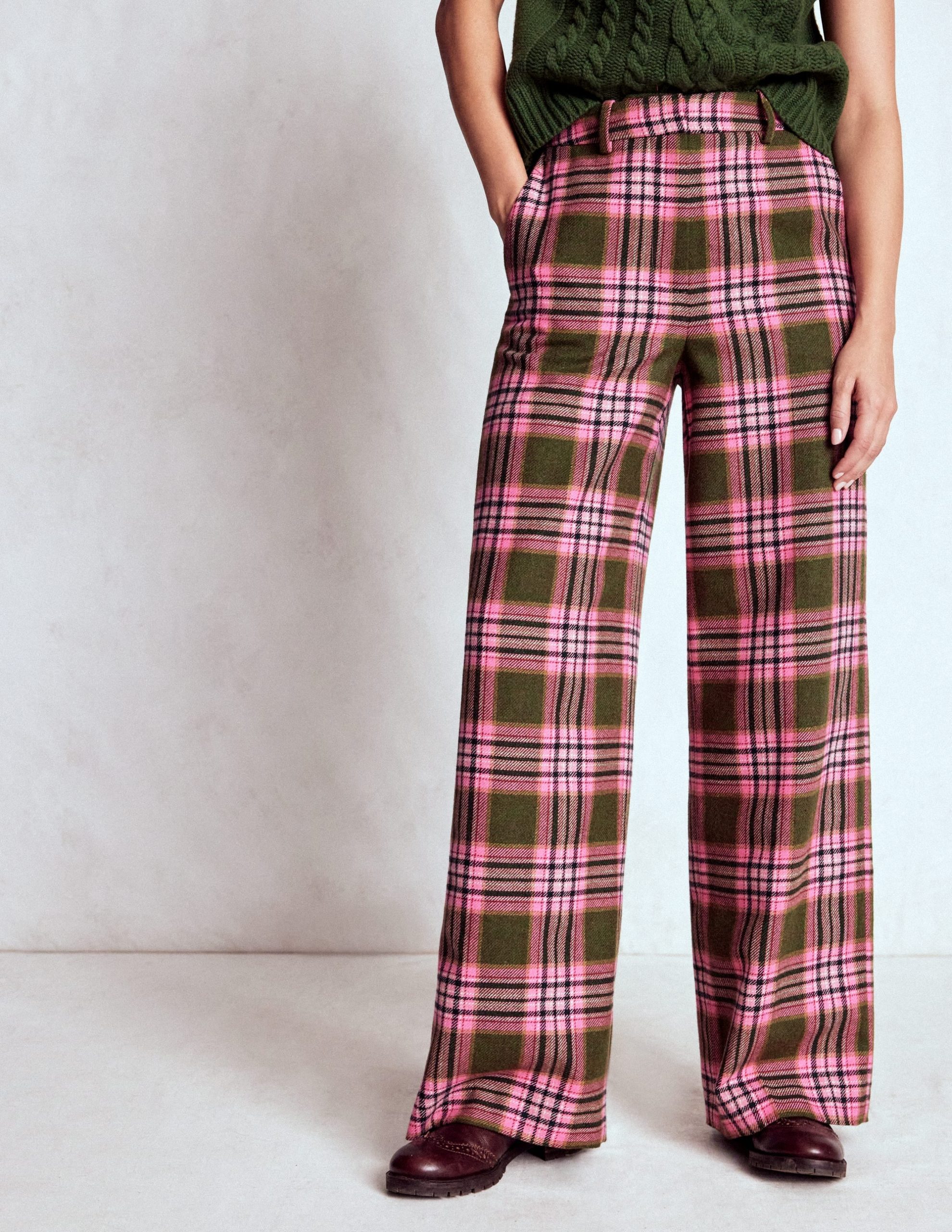 Belgravia Wool Pants-Olive. Green and Pink Check - Image 4