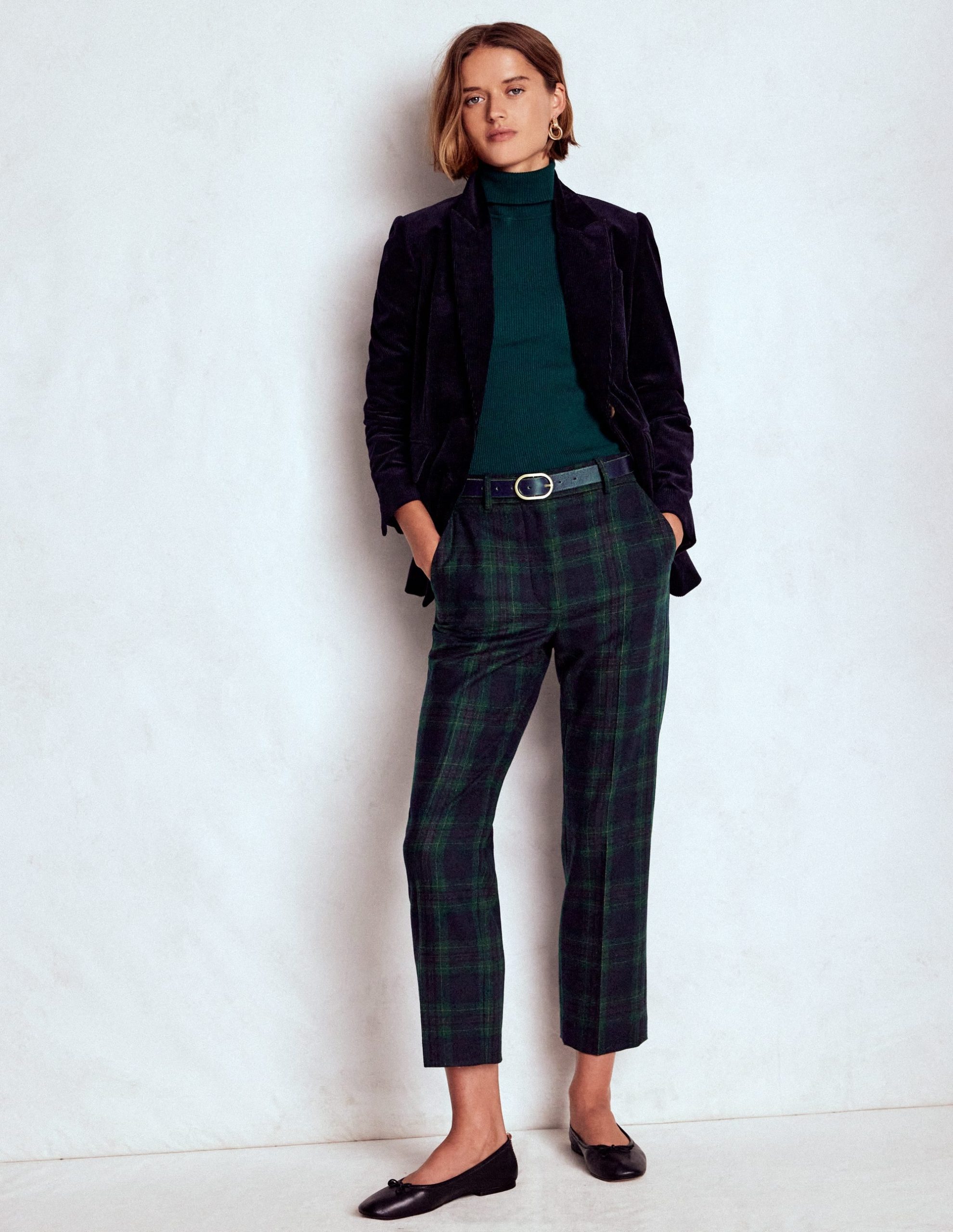 Canonbury Wool Pants-Navy and Green Tonal Check