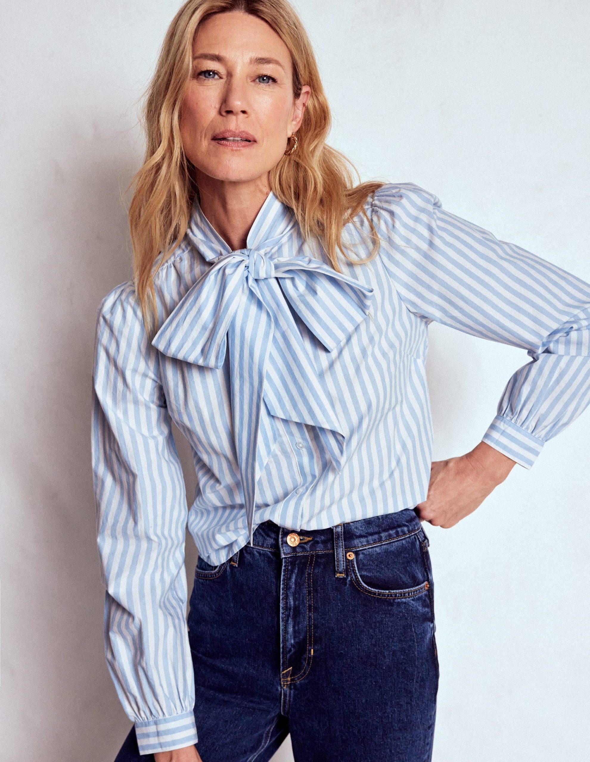 Tie Neck Top-Glacier Blue and Ivory Stripe - Image 4