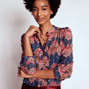 Alice Frill Front Silk Top-Navy. Embellished Paisley