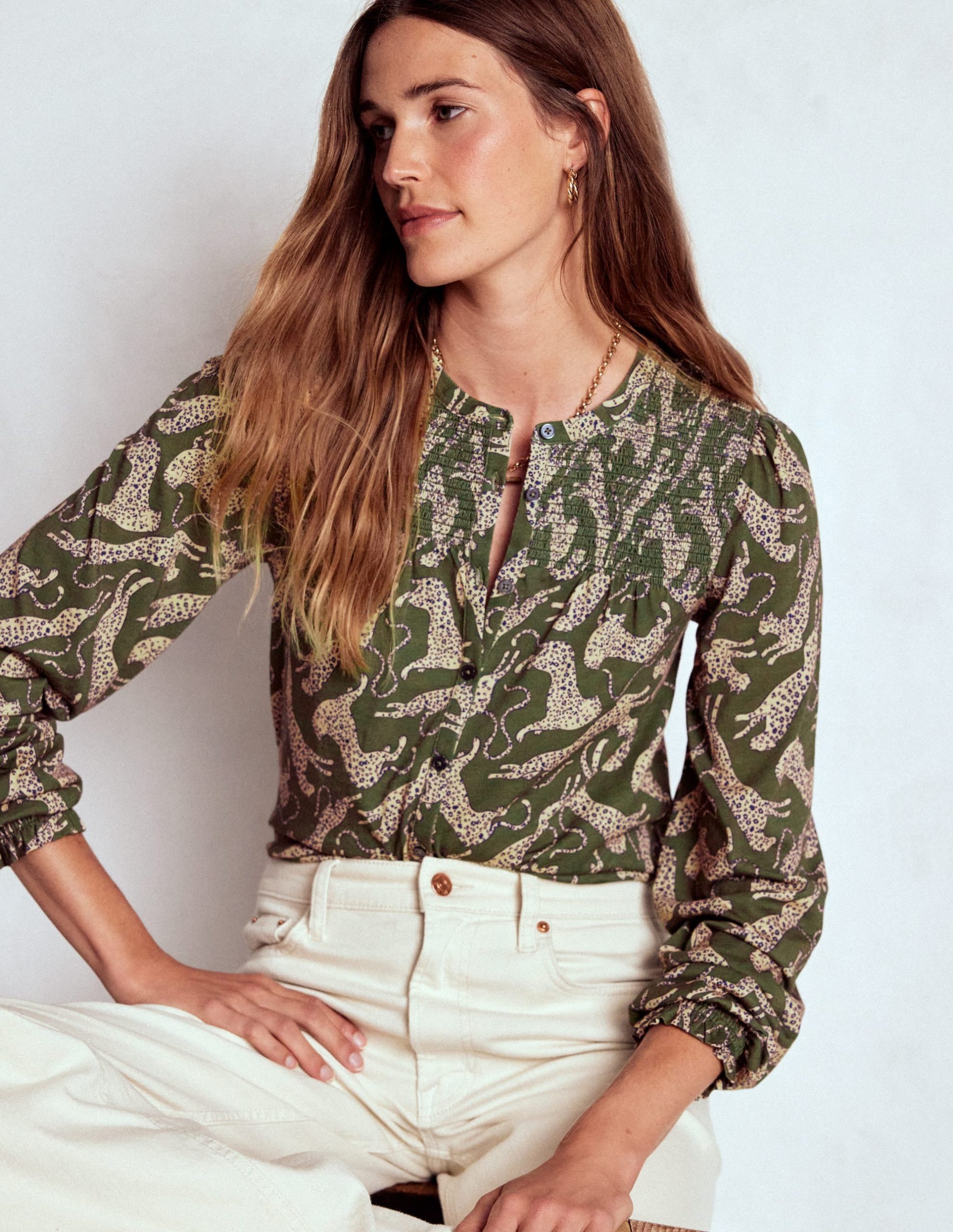 Elsa Smocked Yoke Jersey Shirt-Green. Leaping Leopard