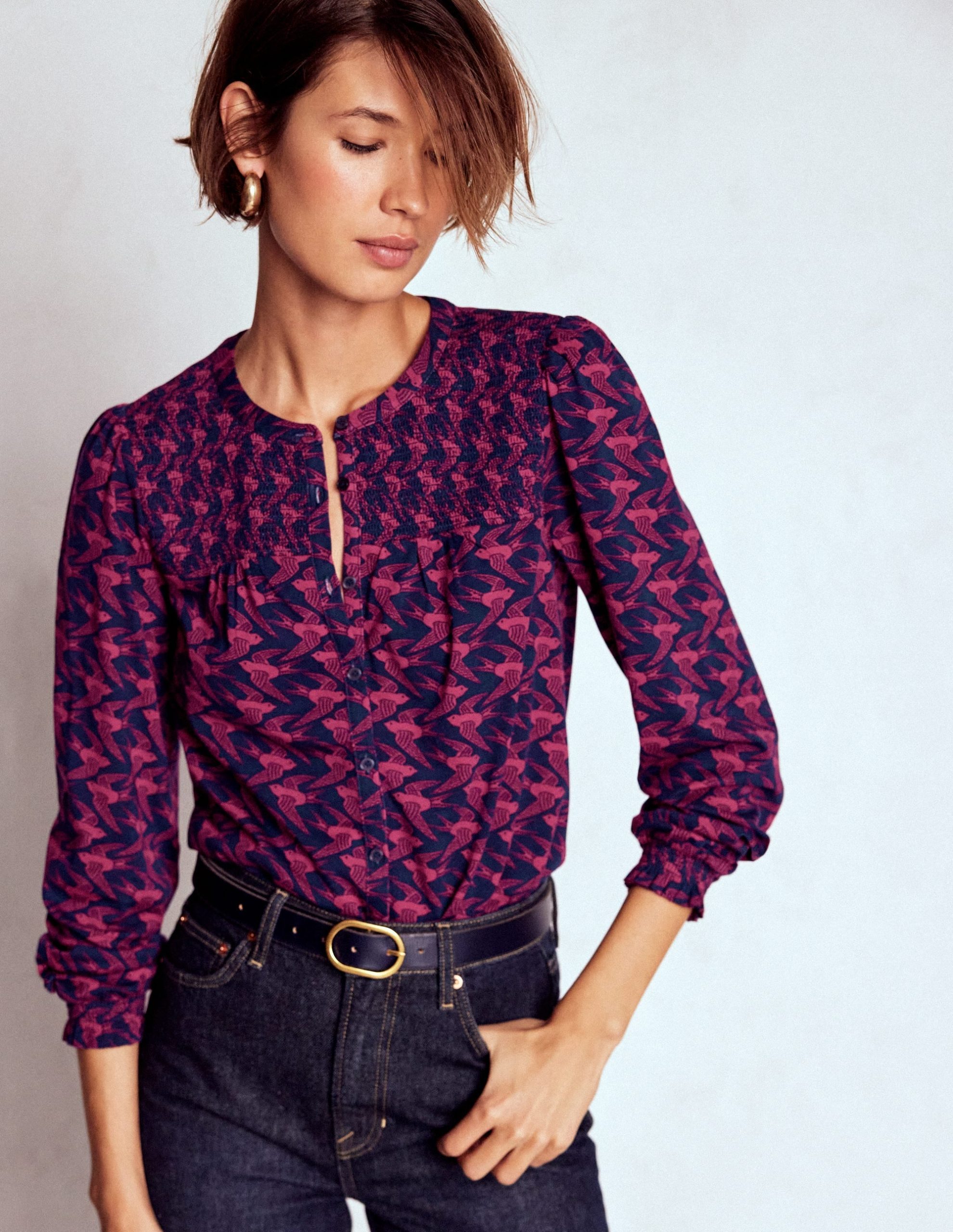 Elsa Smocked Yoke Jersey Shirt-French Navy. Swooping Swallow