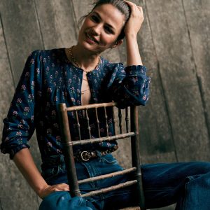 Elsa Smocked Yoke Jersey Shirt-Navy. Woodblock Flower