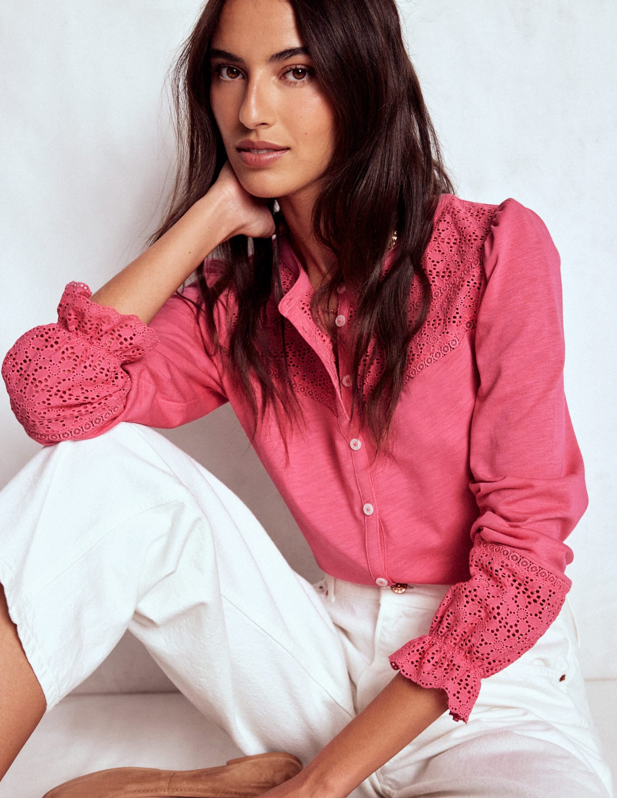 Pippa Broderie Jersey Shirt-Rose Pink